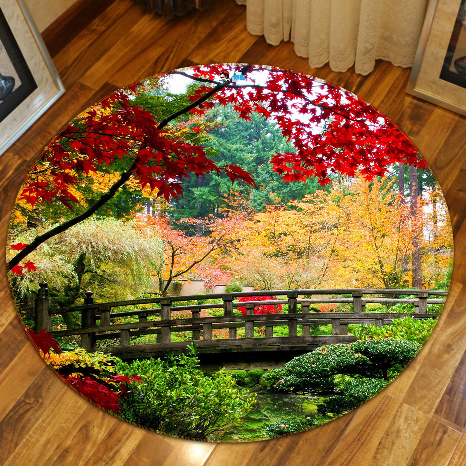 3D Trees Bridge 72072 Round Non Slip Rug Mat