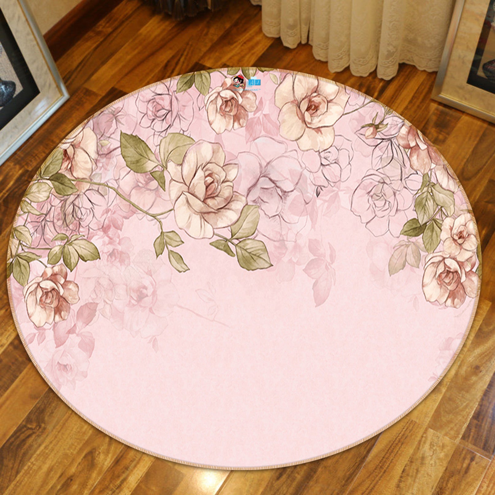 3D Pink Flowers 80255 Round Non Slip Rug Mat