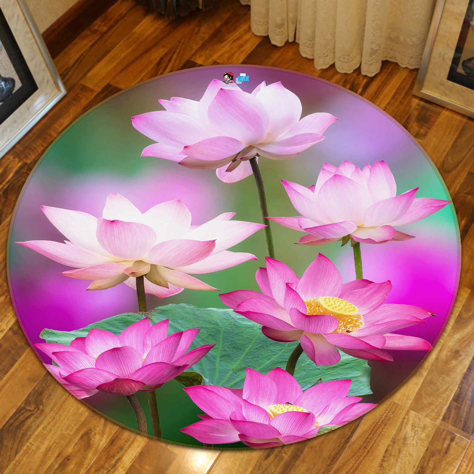 3D Pink Lotus 71138 Round Non Slip Rug Mat
