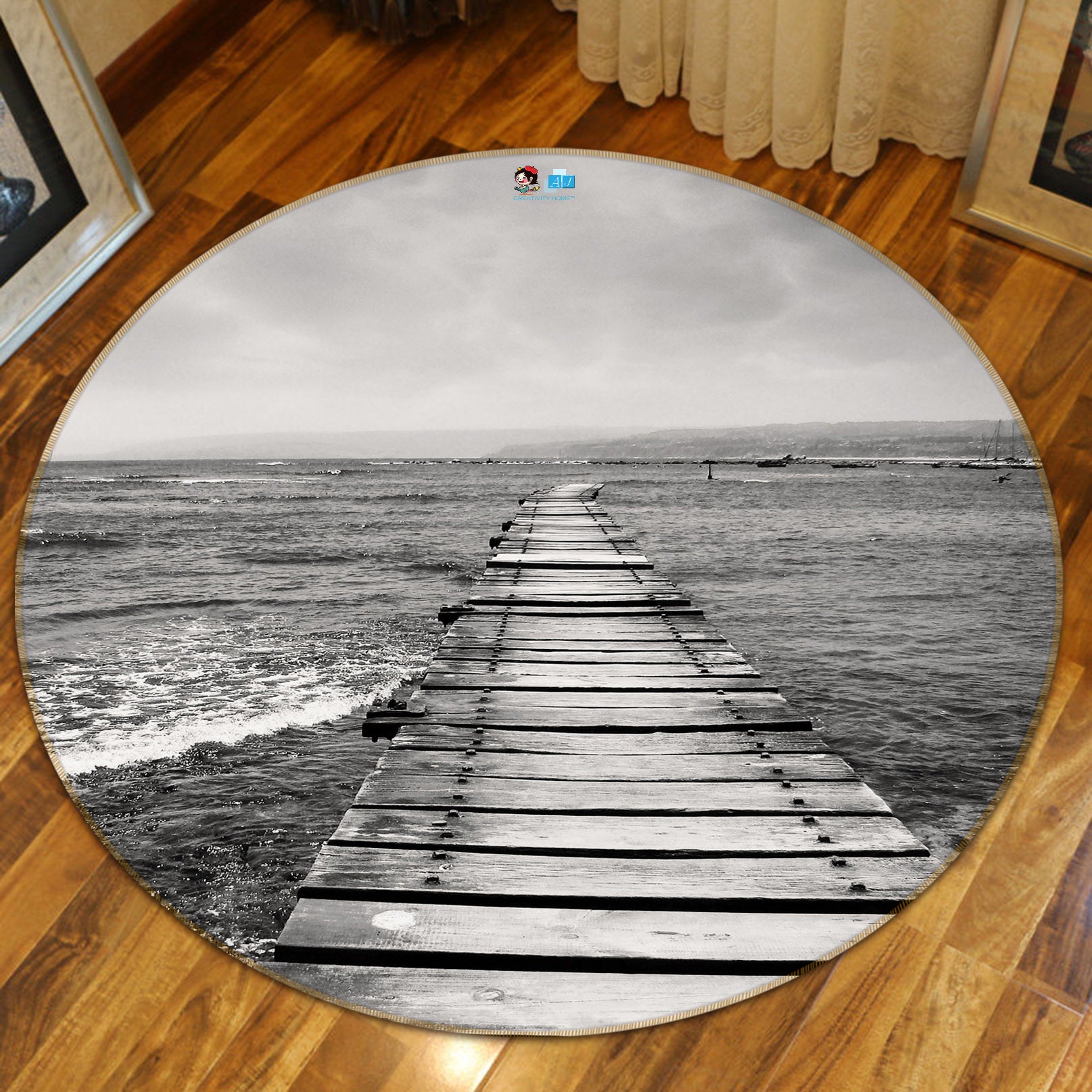 3D Black White Wooden Bridge 74034 Round Non Slip Rug Mat