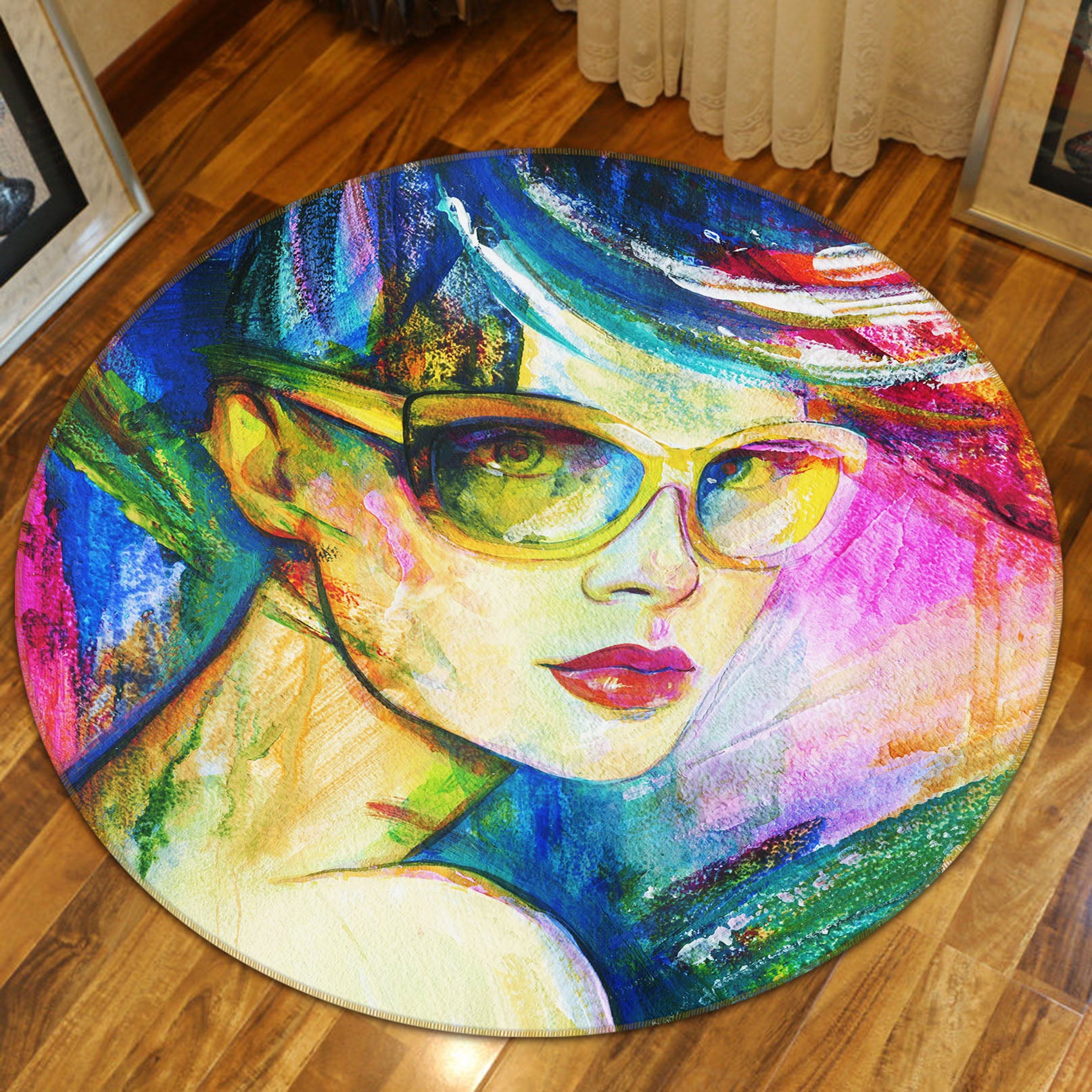 3D Sunglasses Pretty Girl 37021 Round Non Slip Rug Mat