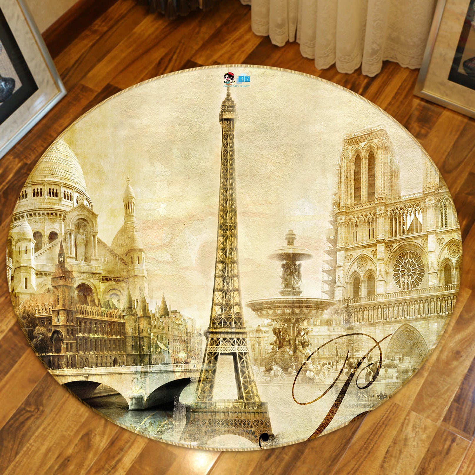 3D Vintage Eiffel Tower 80270 Round Non Slip Rug Mat