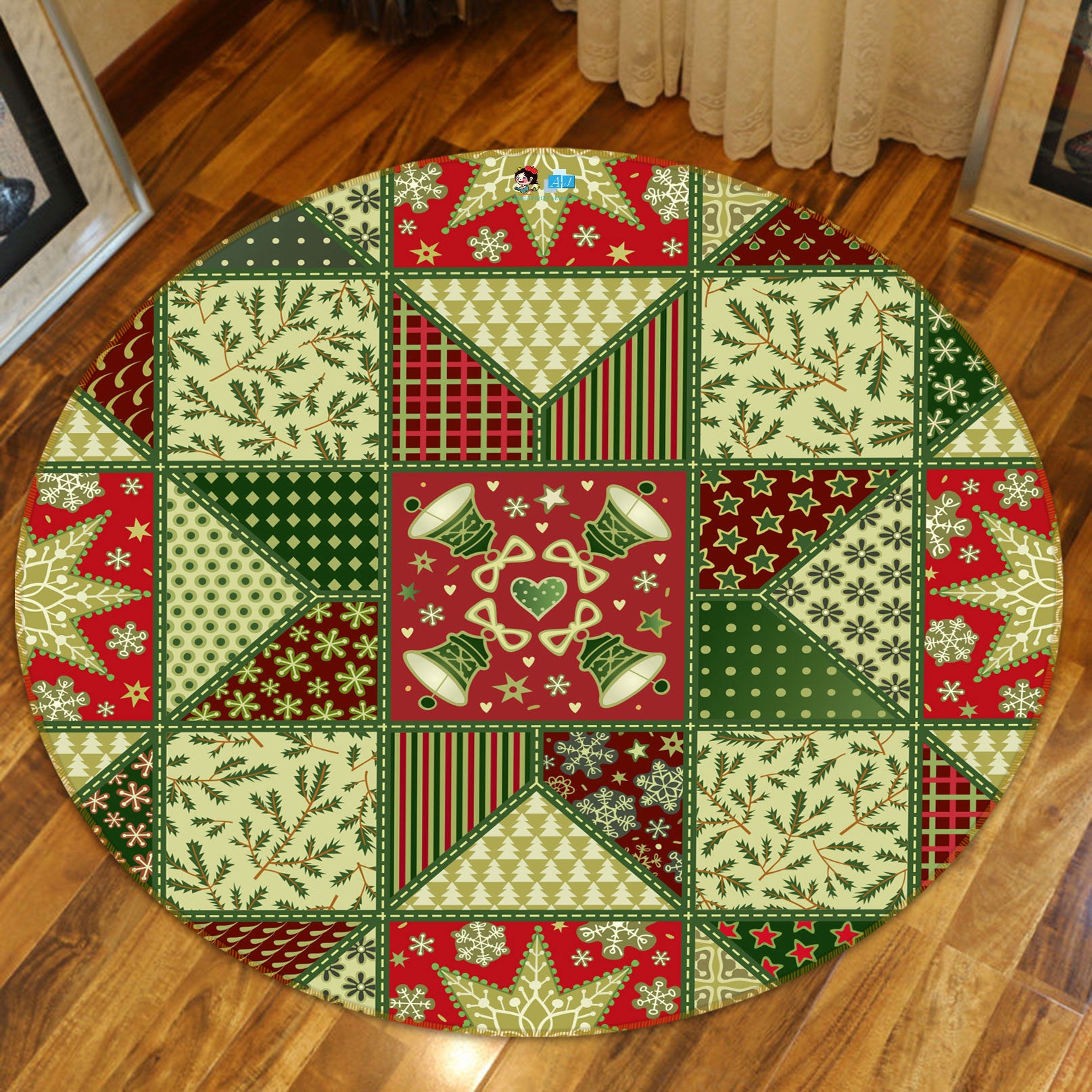 3D Green Pattern 54052 Christmas Round Non Slip Rug Mat Xmas