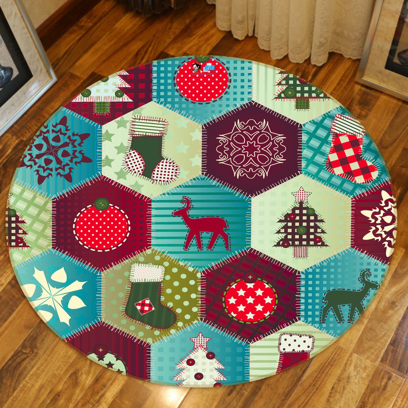 3D Hexagon Deer Pattern 54036 Christmas Round Non Slip Rug Mat Xmas