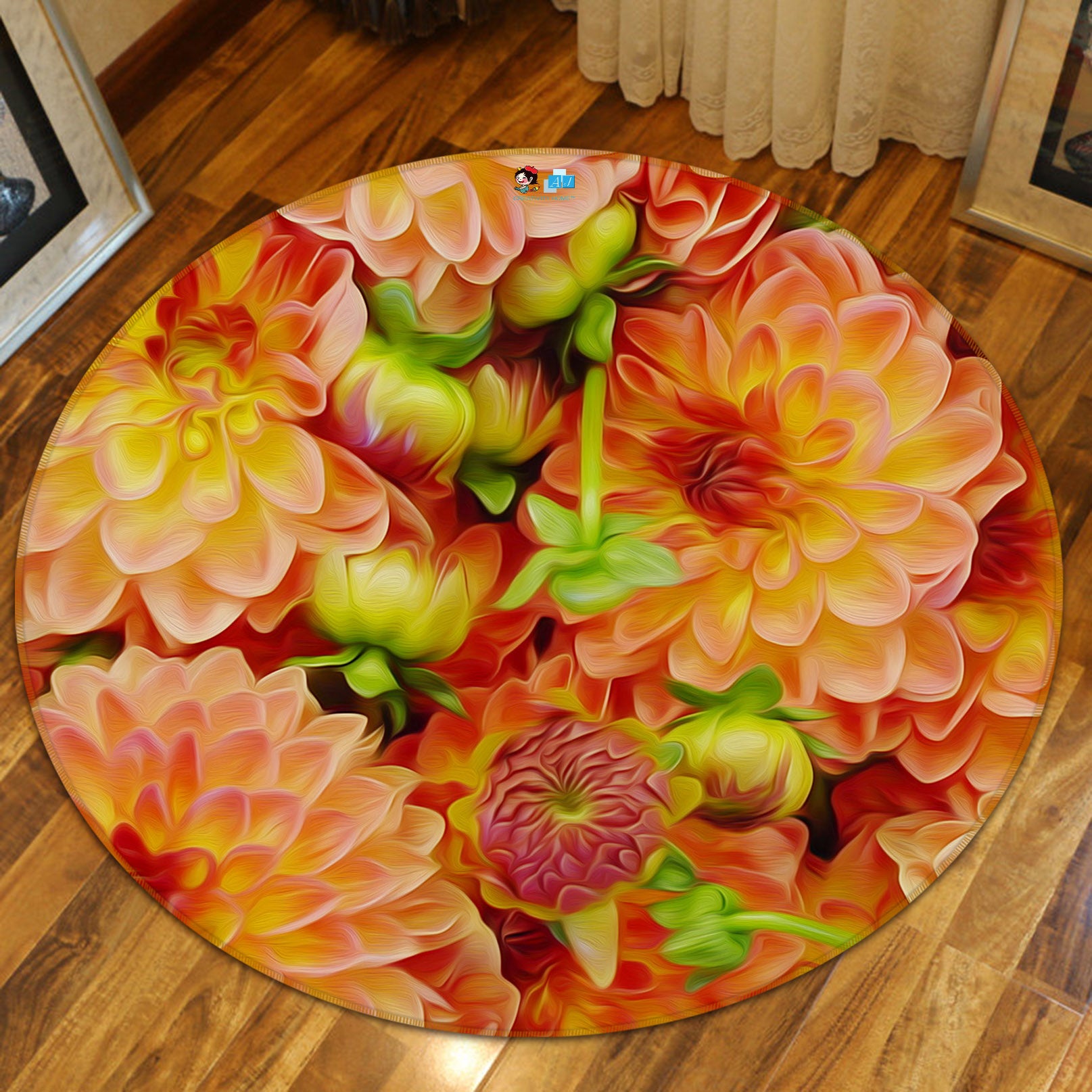 3D Orange Flowers 74038 Round Non Slip Rug Mat