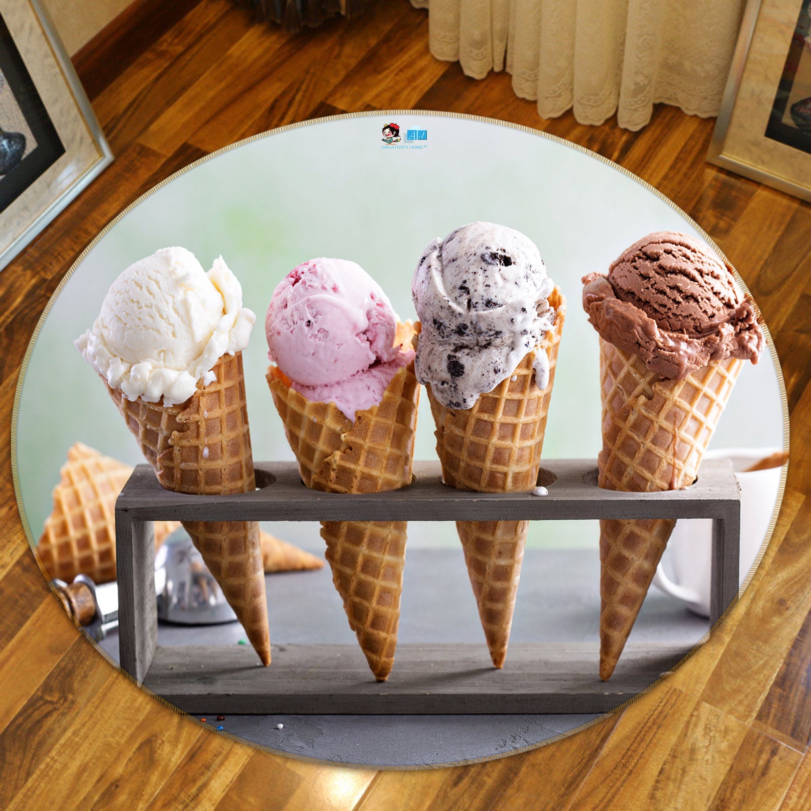 3D Ice Cream Cone 80237 Round Non Slip Rug Mat