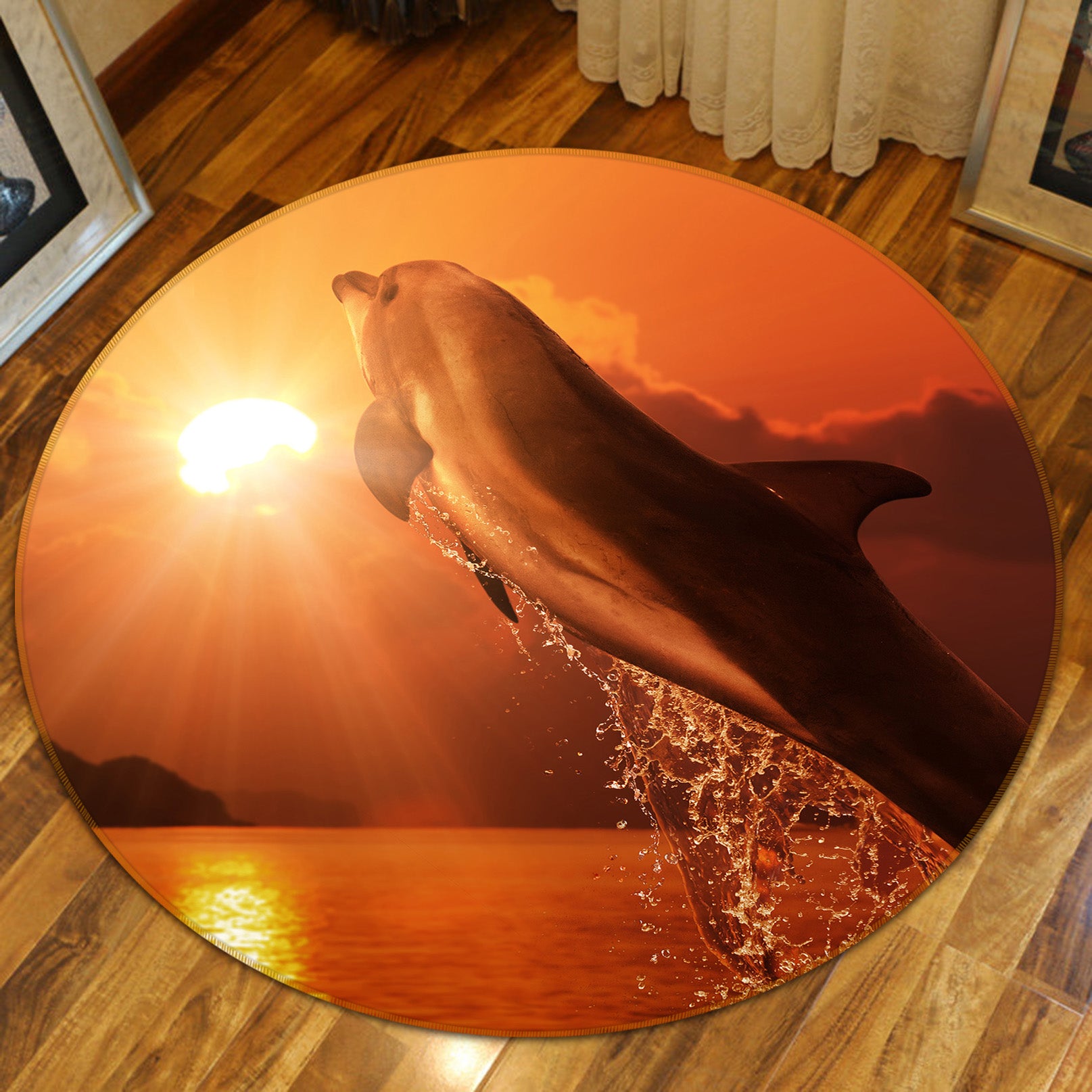 3D Dolphin Jump 38015 Animal Round Non Slip Rug Mat