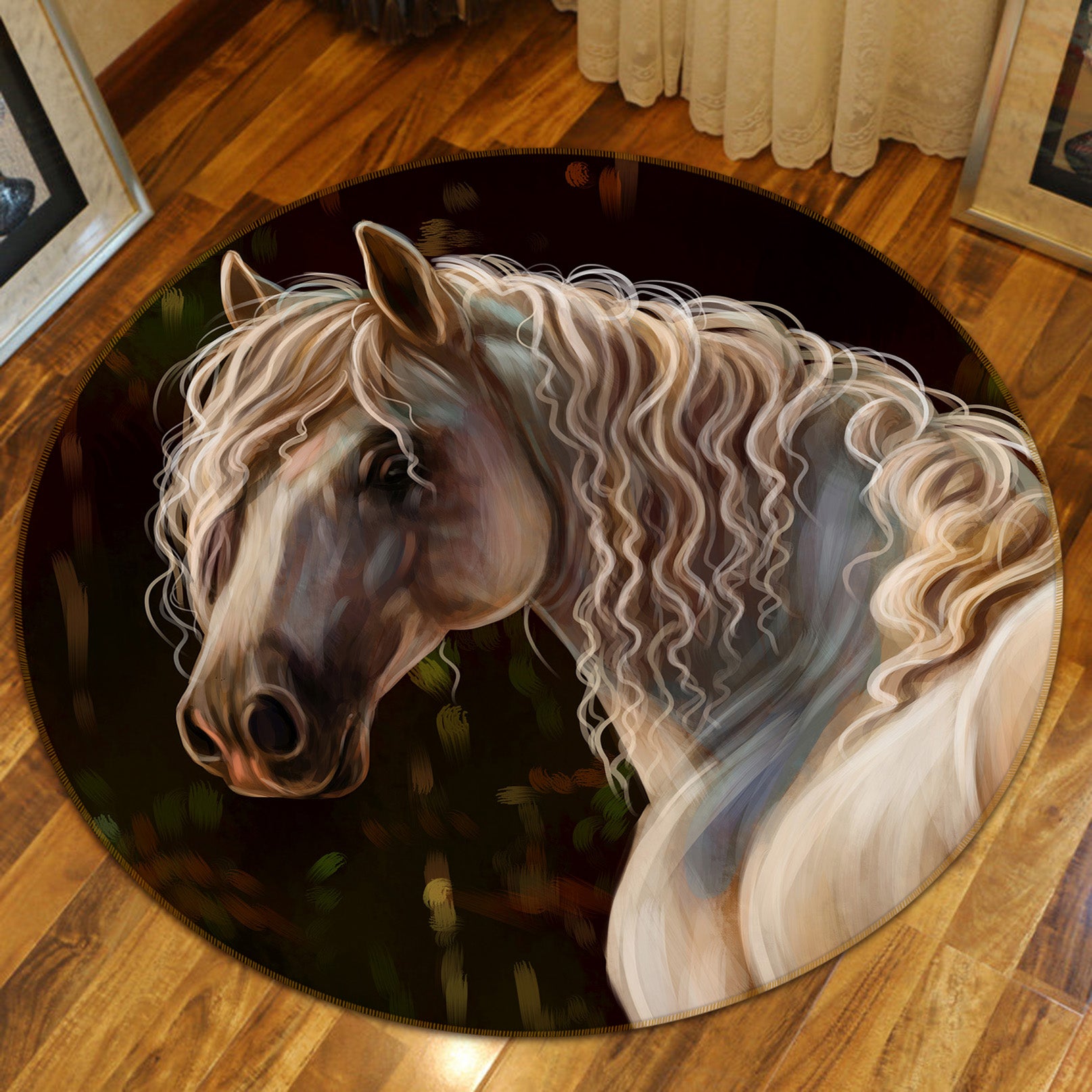 3D White Horse 37162 Animal Round Non Slip Rug Mat