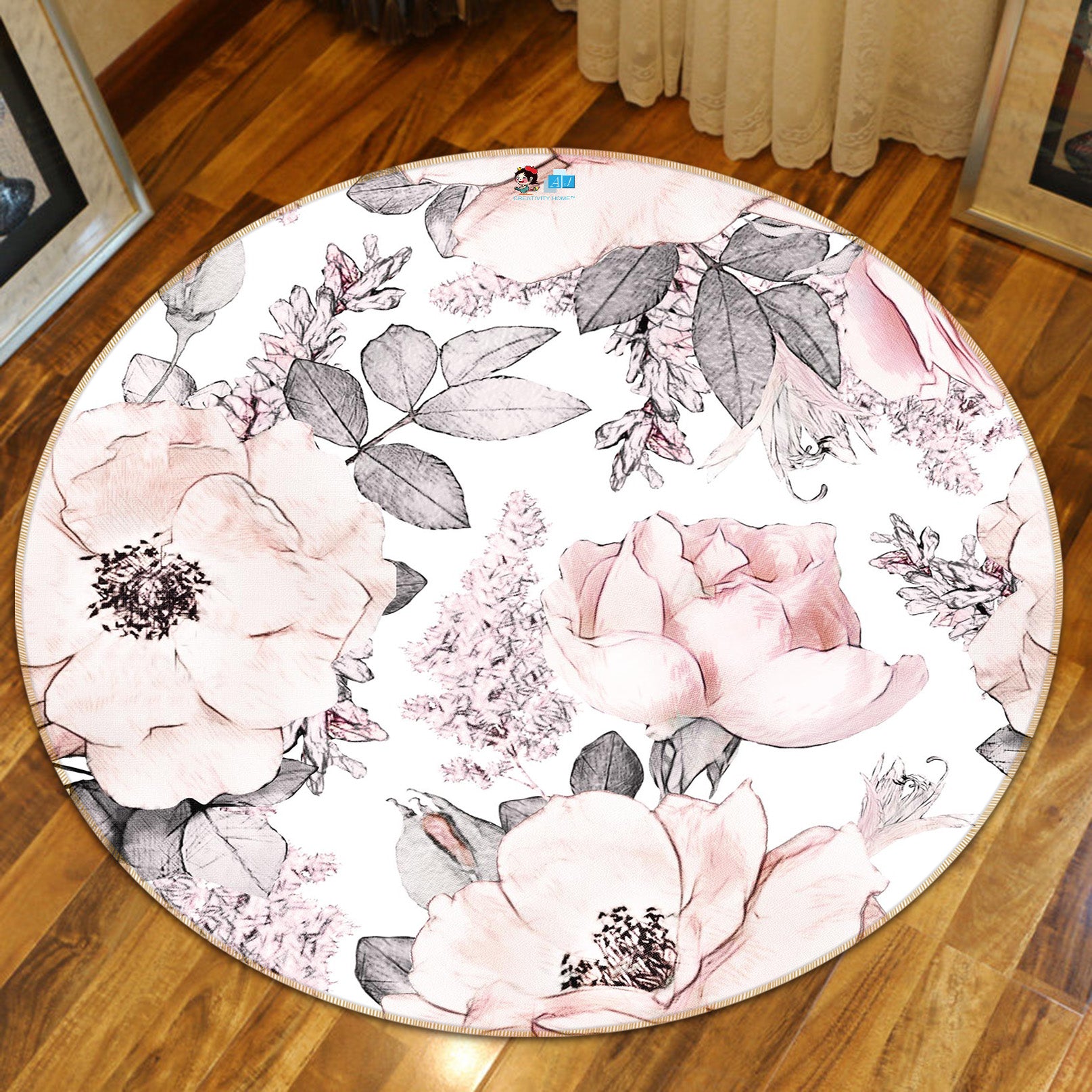 3D Pink Flowers 64156 Round Non Slip Rug Mat