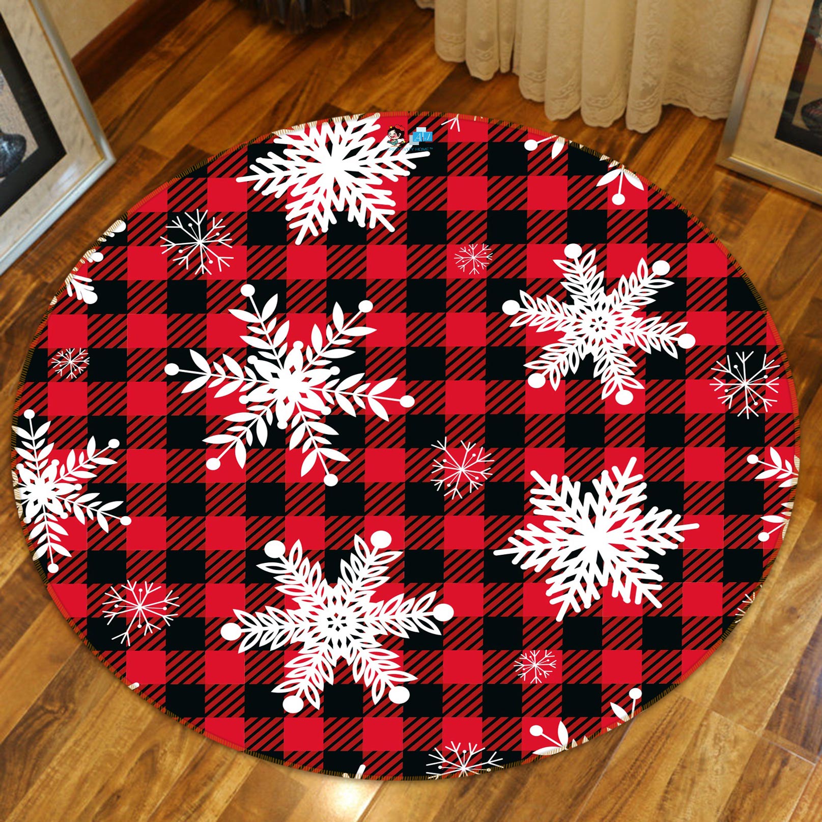 3D Snowflake Red Black Grid 54085 Christmas Round Non Slip Rug Mat Xmas