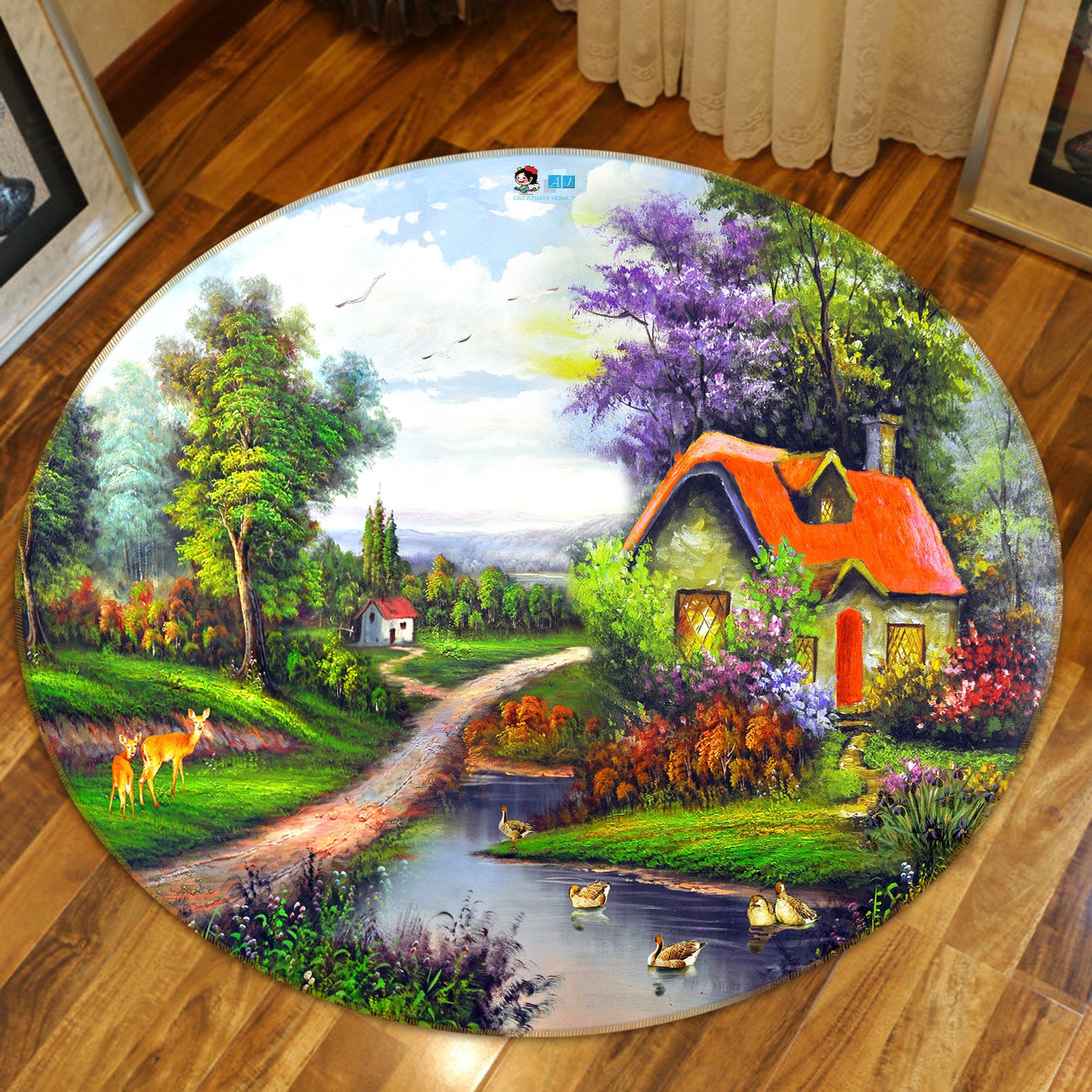 3D Oil Painting House 73003 Round Non Slip Rug Mat