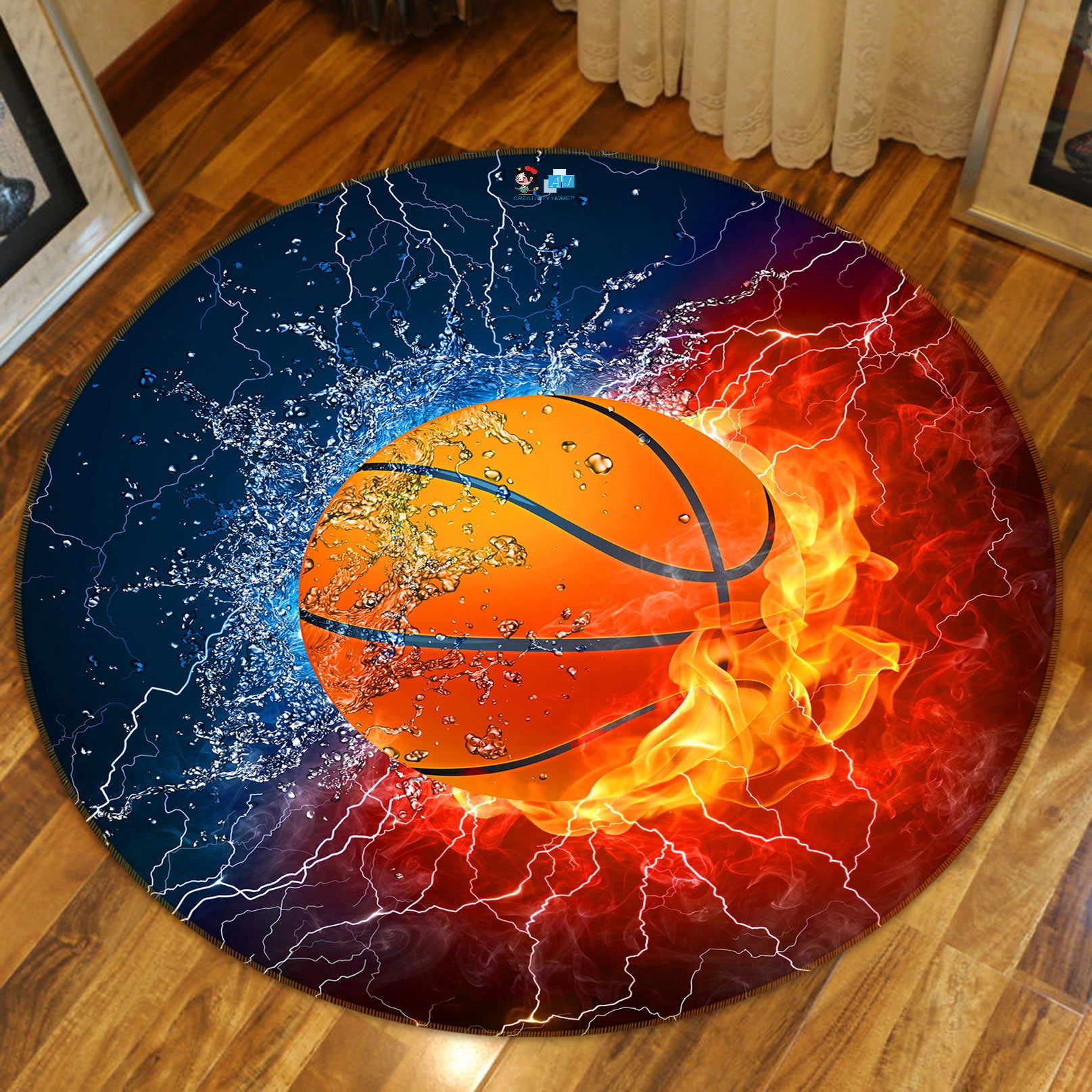 3D Ice Fire Basketball 72244 Round Non Slip Rug Mat