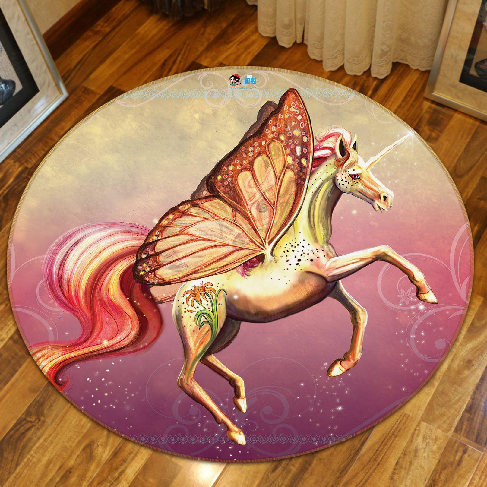 3D Butterfly Unicorn 83155 Rose Catherine Khan Rug Round Non Slip Rug Mat