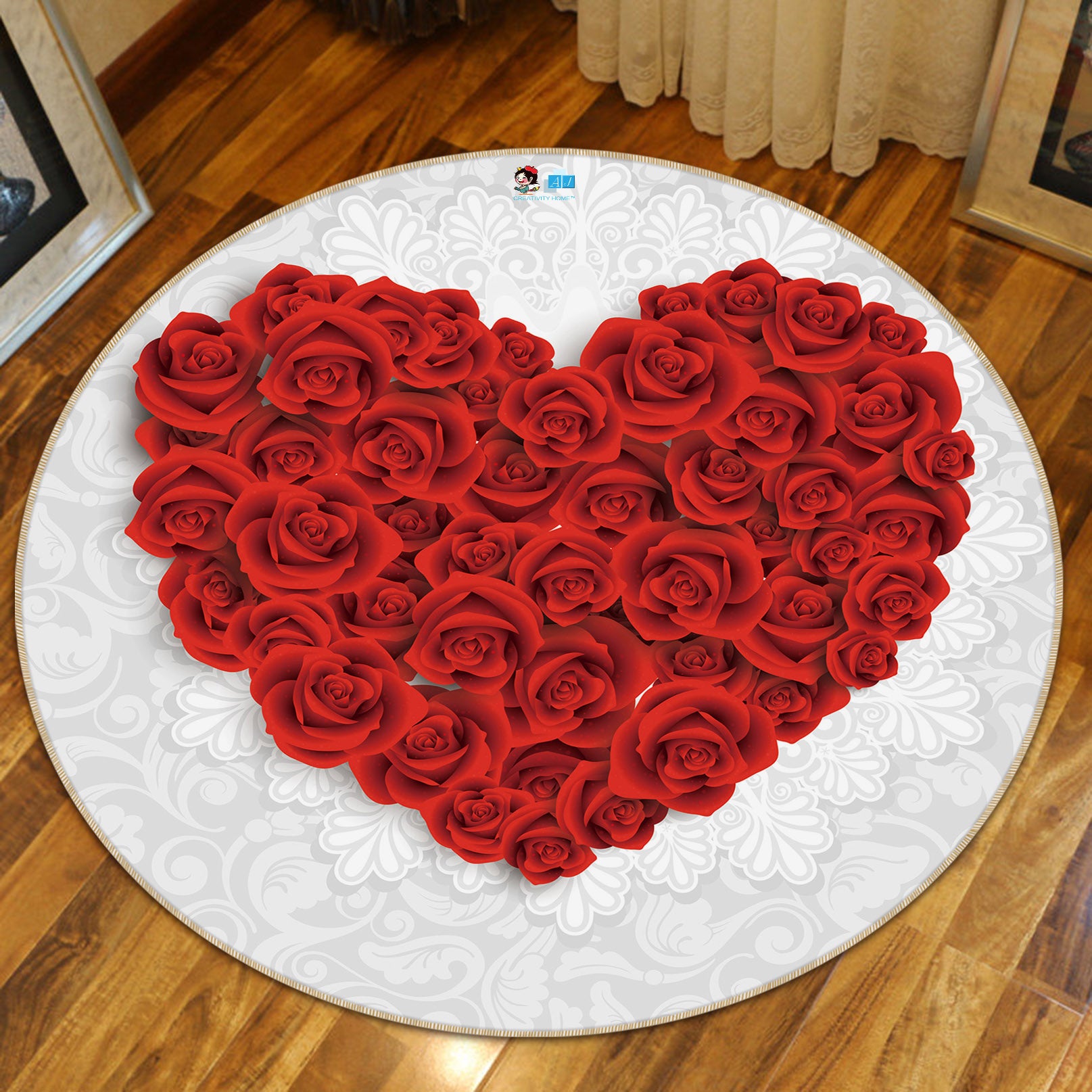 3D Heart Rose Flower 74048 Round Non Slip Rug Mat