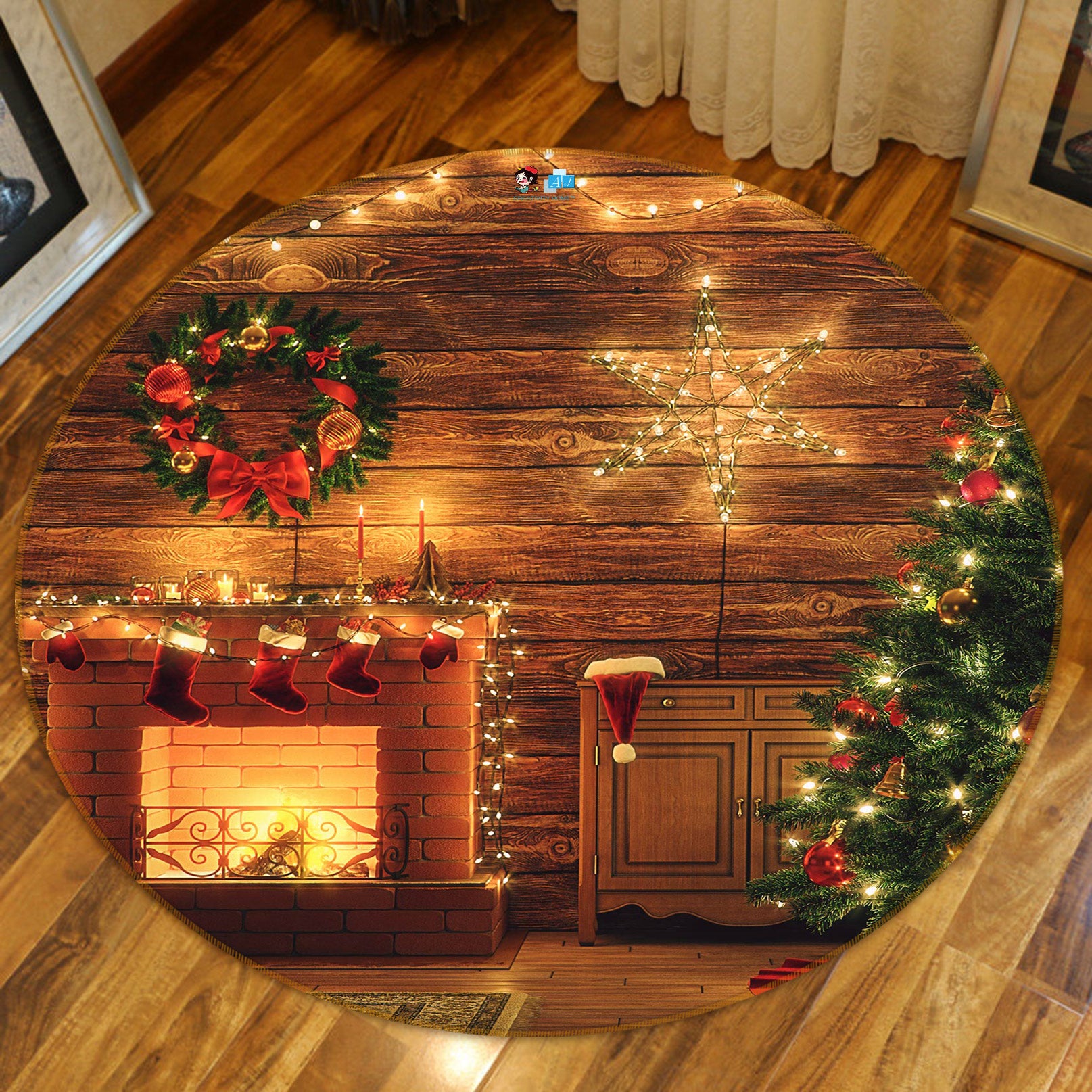 3D Fireplace Tree 54093 Christmas Round Non Slip Rug Mat Xmas