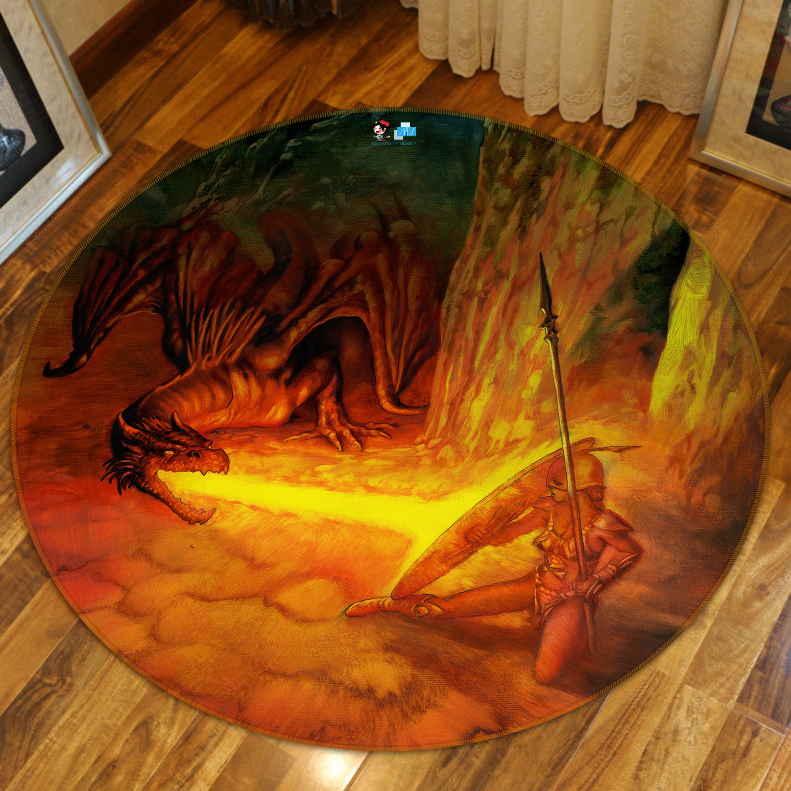 3D Fire Dragon Shield Soldier 6117 Ciruelo Rug Round Non Slip Rug Mat