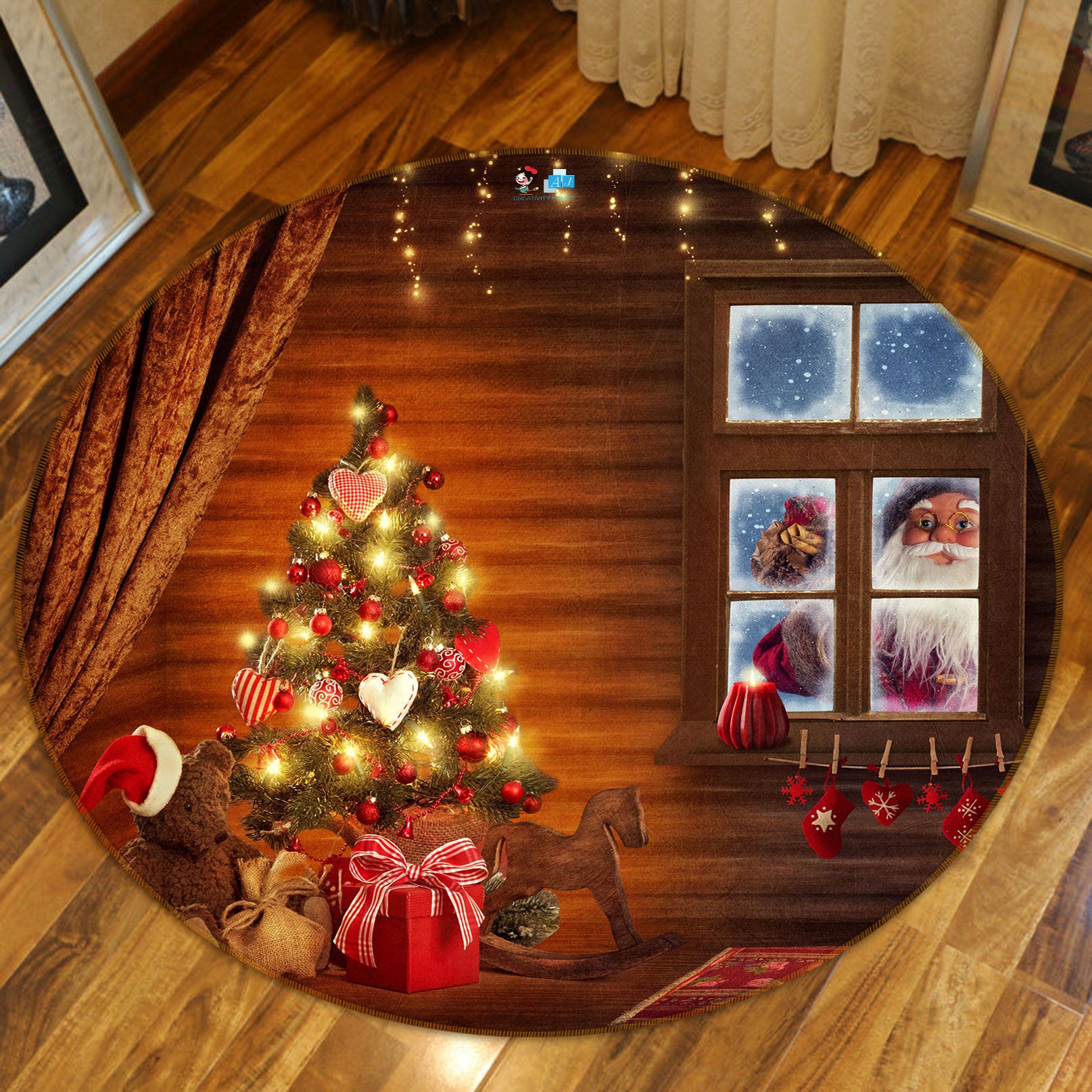 3D Tree Window Santa Claus 54009 Christmas Round Non Slip Rug Mat Xmas