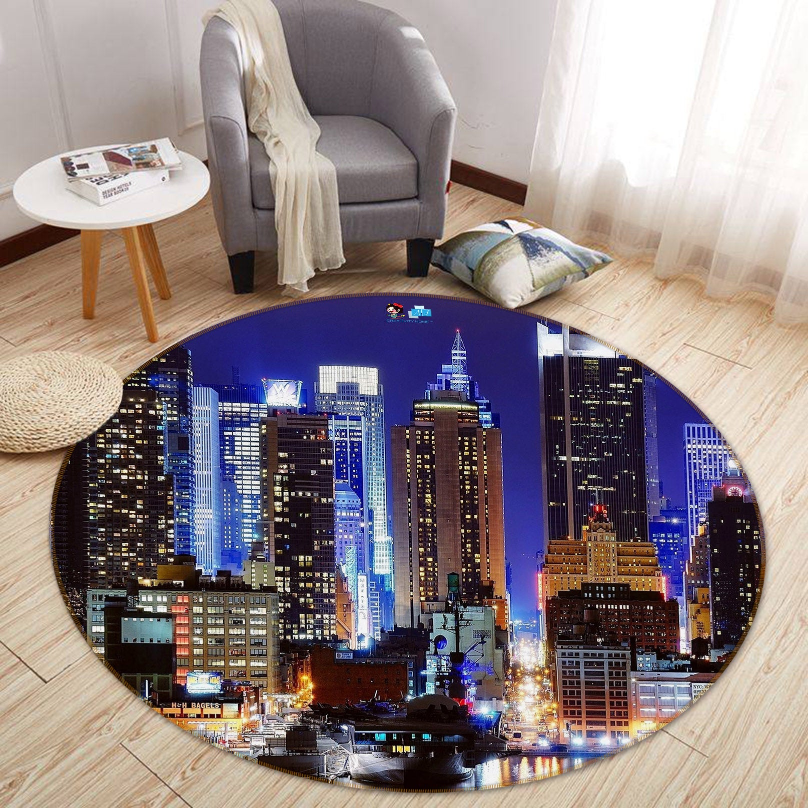 3D City Night View 74095 Round Non Slip Rug Mat