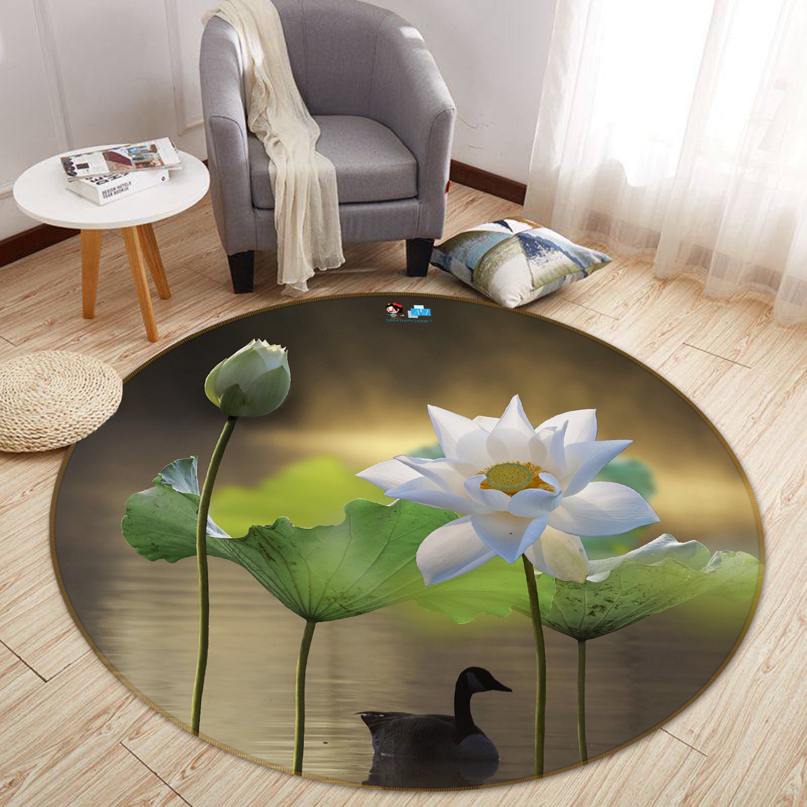 3D White Lotus 71178 Round Non Slip Rug Mat