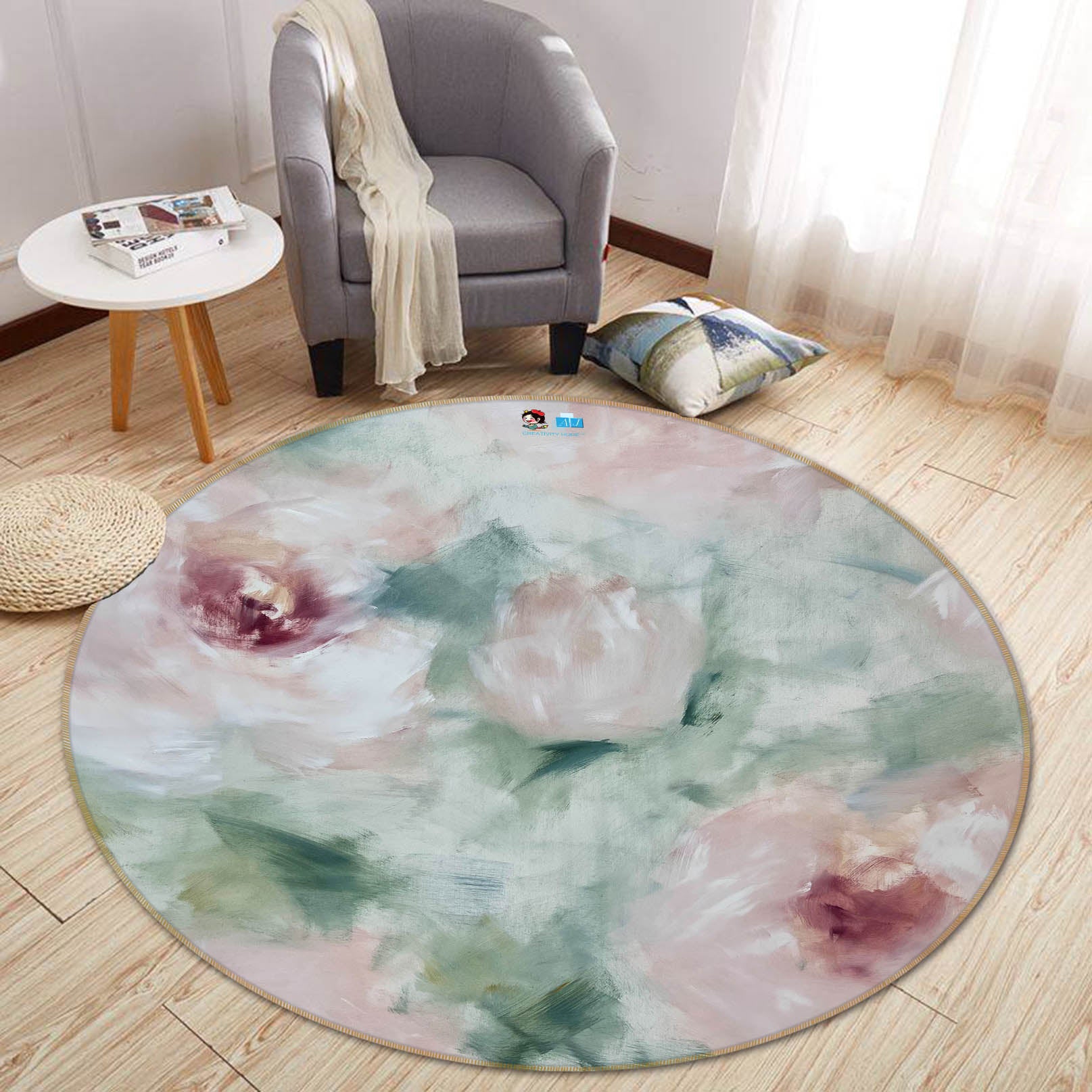 3D Pink Flower 4036 Skromova Marina Rug Round Non Slip Rug Mat