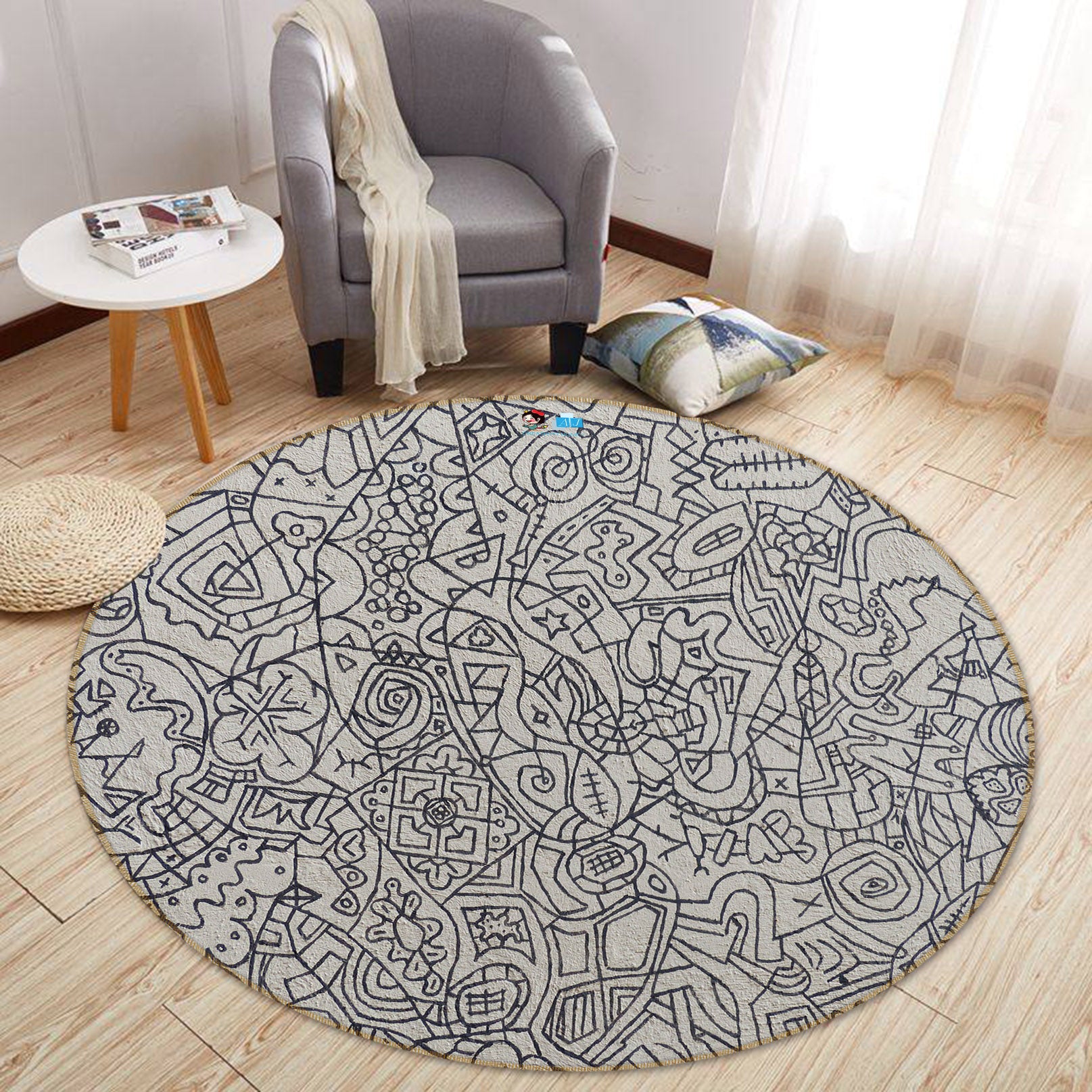 3D Black White Graffiti Wall 74035 Round Non Slip Rug Mat