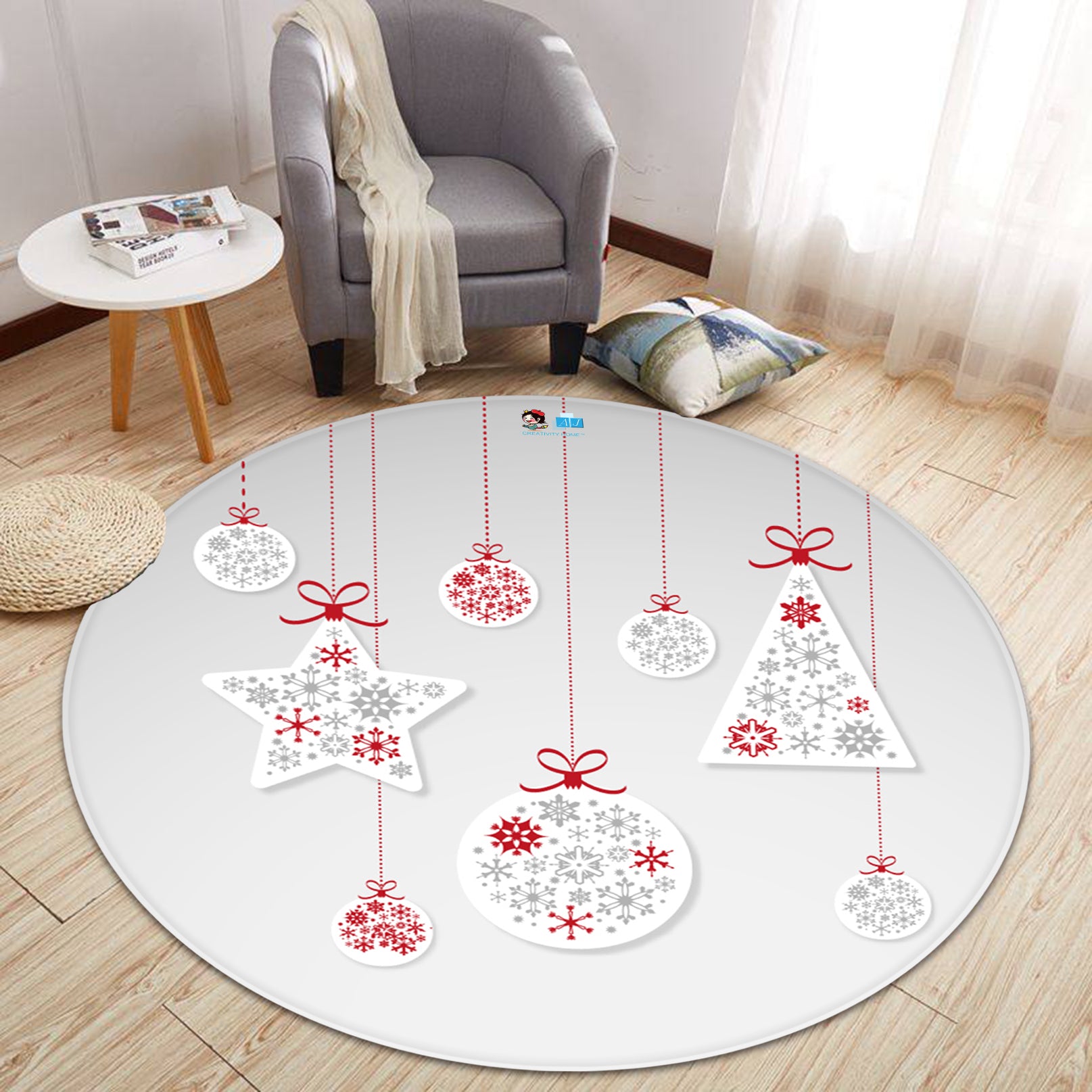 3D Five-Pointed Star Round Triangle 65225 Christmas Round Non Slip Rug Mat Xmas