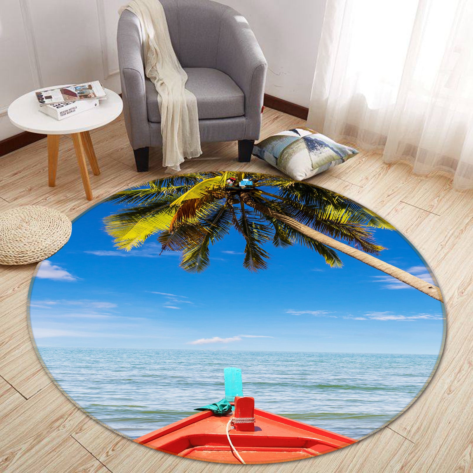 3D Coconut Tree Boat Sea 74144 Round Non Slip Rug Mat