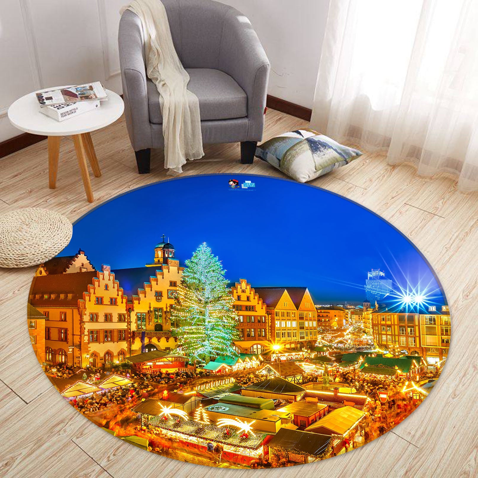 3D Golden House 54034 Christmas Round Non Slip Rug Mat Xmas