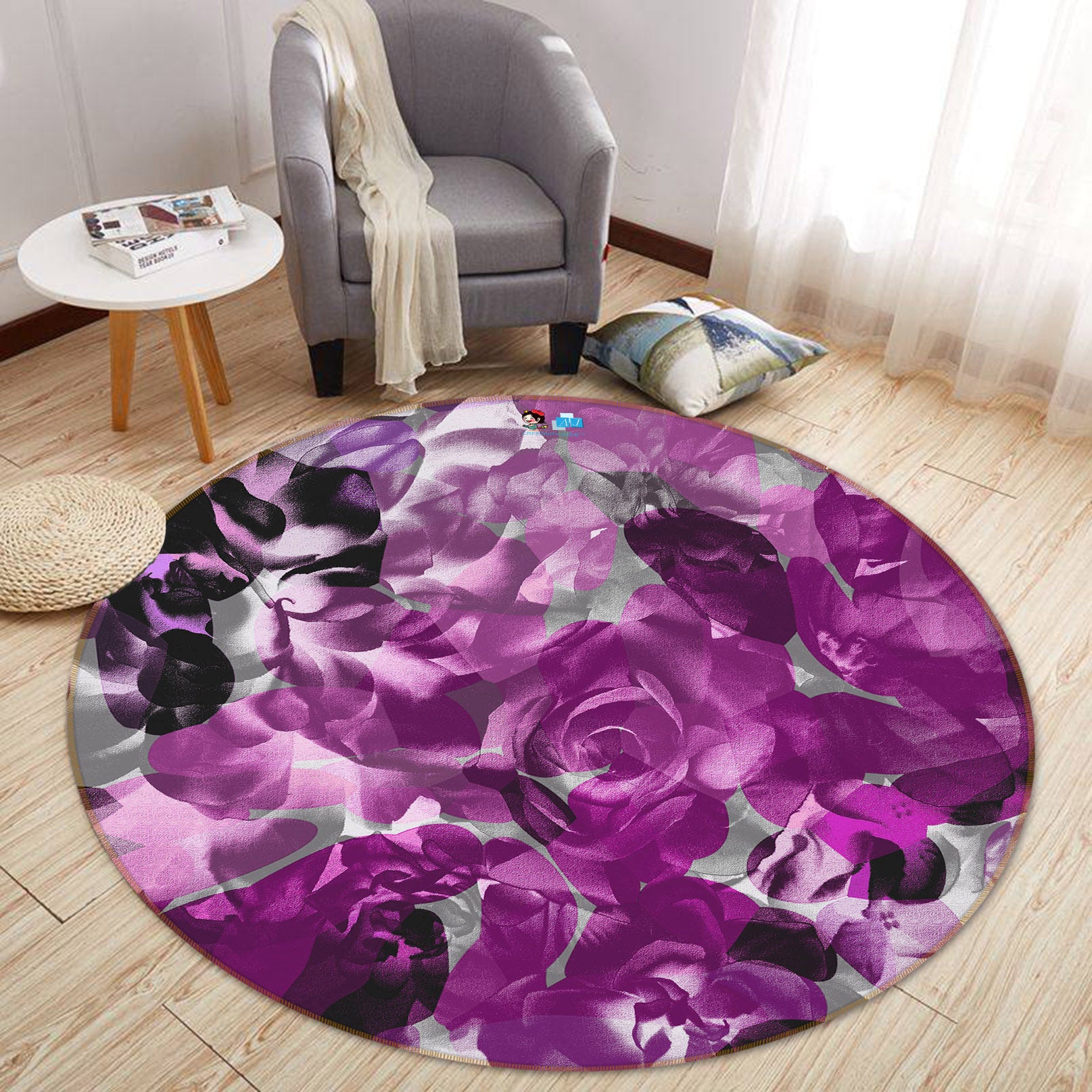3D Purple Flowers 19196 Shandra Smith Rug Round Non Slip Rug Mat