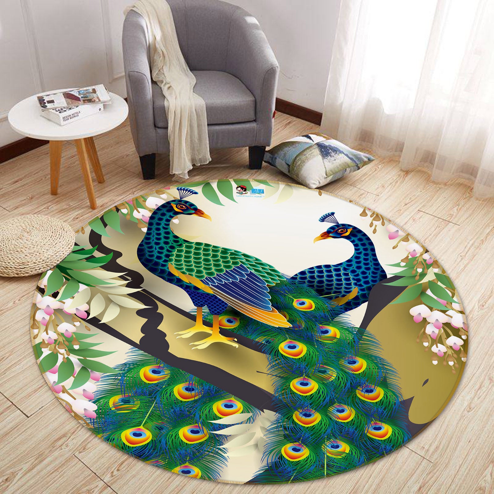 3D Peacock 71141 Round Non Slip Rug Mat