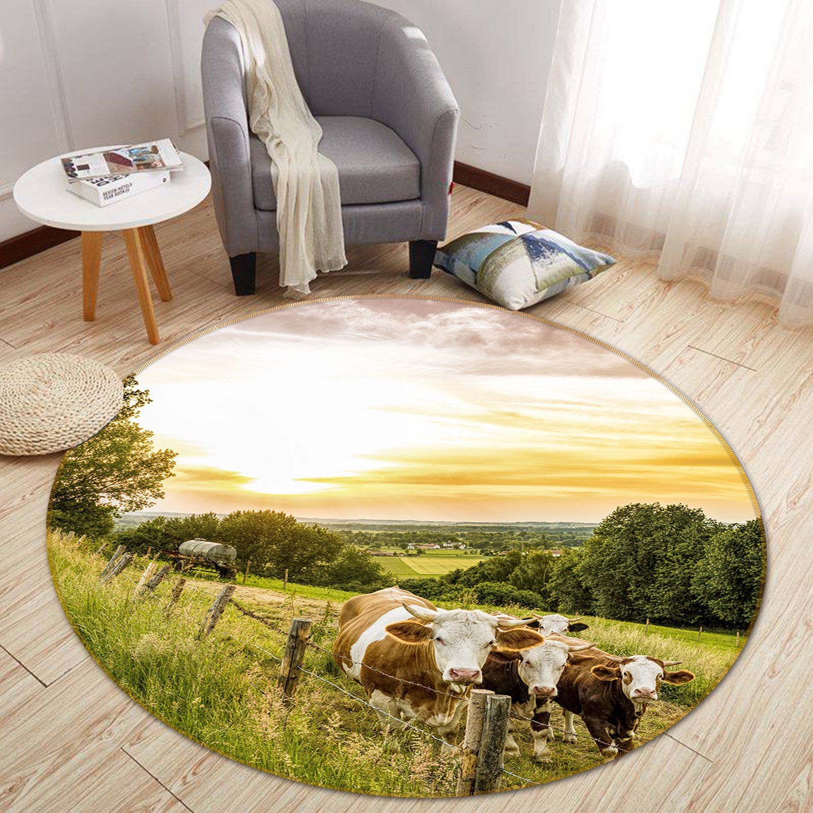 3D Sunset Cow 031 Animal Round Non Slip Rug Mat Mat AJ Creativity Home 
