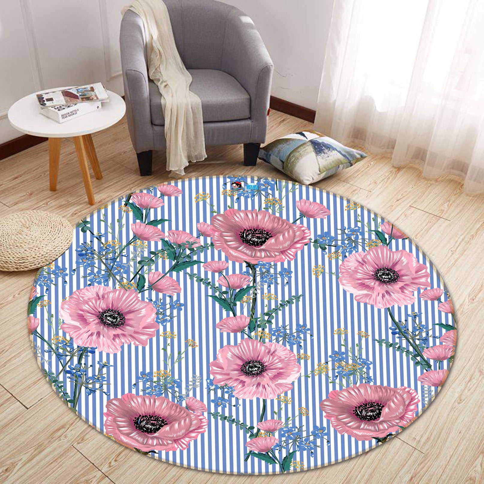 3D Pink Flowers 81068 Round Non Slip Rug Mat