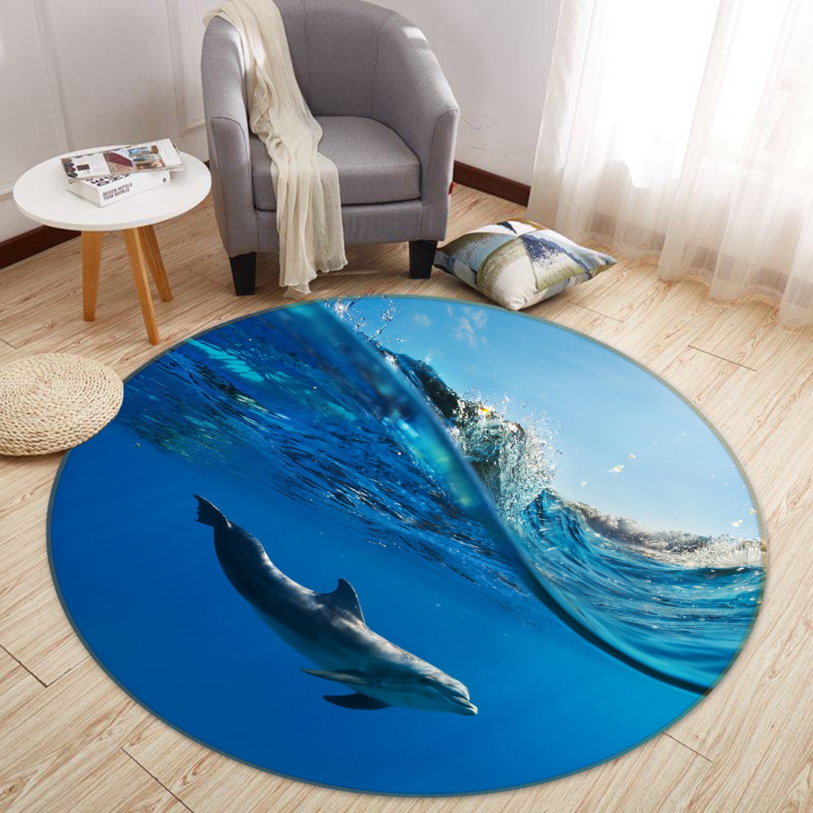 3D Seabed Dolphin 38021 Animal Round Non Slip Rug Mat