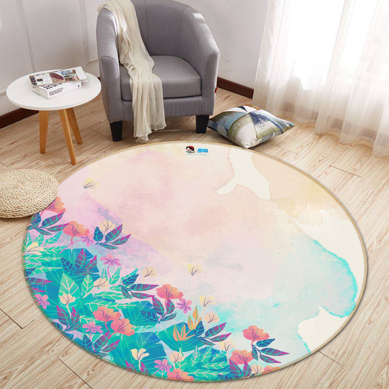 3D Floral Pattern 64061 Round Non Slip Rug Mat