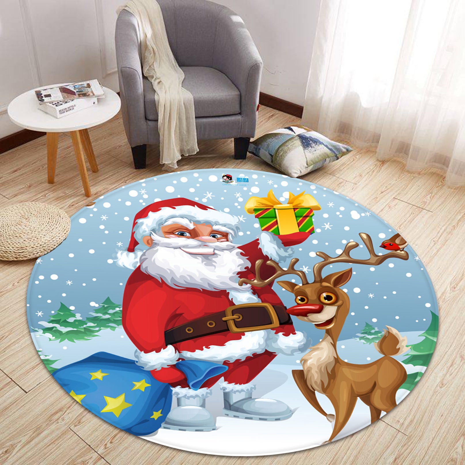 3D Santa Deer 66036 Christmas Round Non Slip Rug Mat Xmas