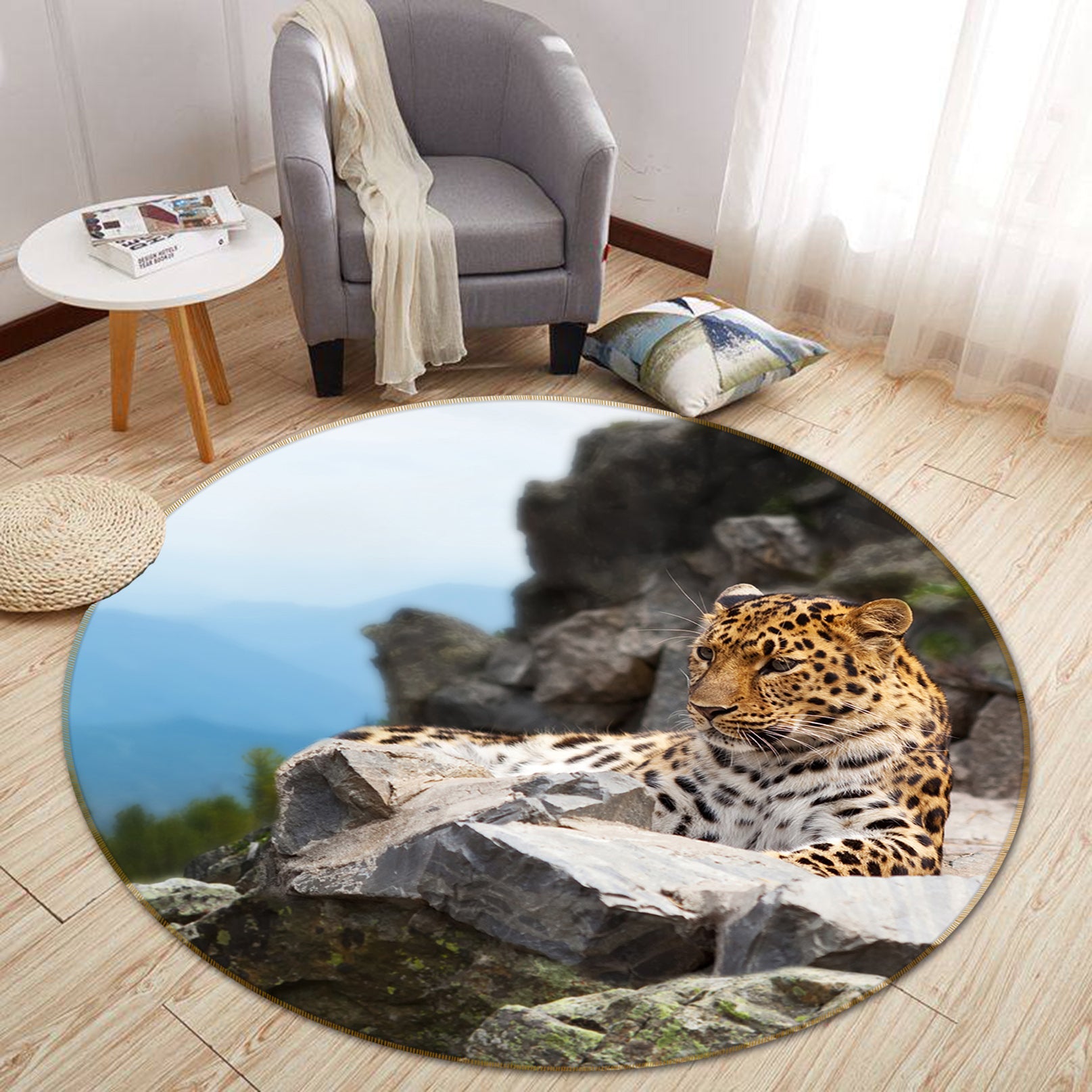 3D Stone Leopard 82221 Animal Round Non Slip Rug Mat