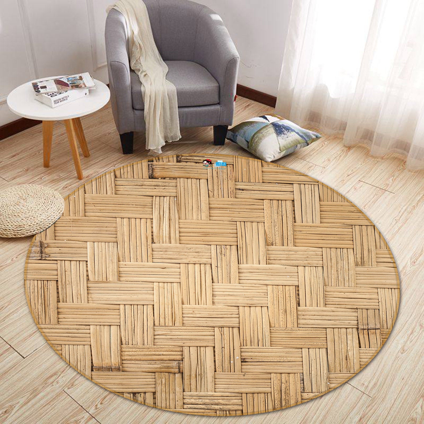 3D Bamboo Weaving 64184 Round Non Slip Rug Mat