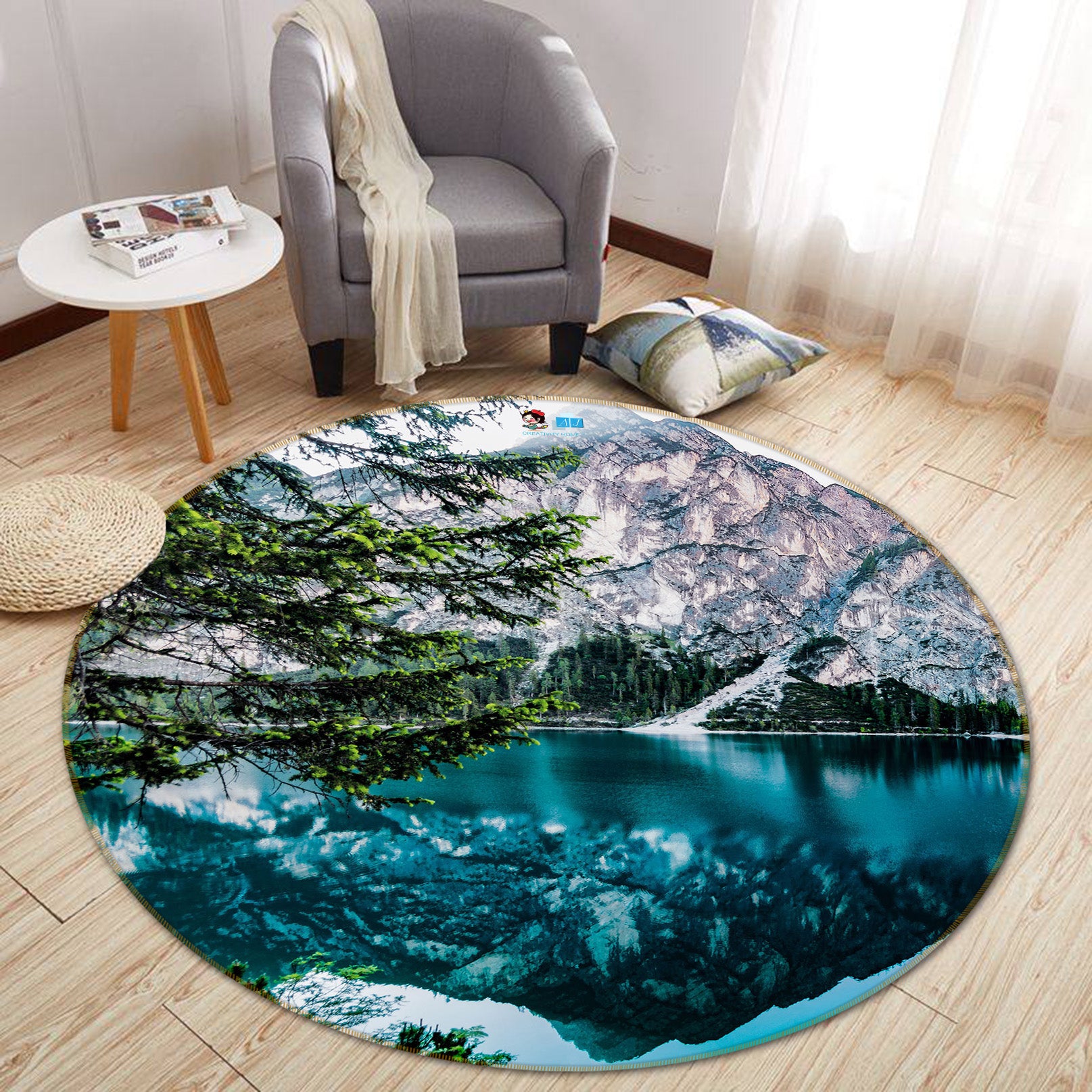 3D Mountain Lake 71291 Round Non Slip Rug Mat