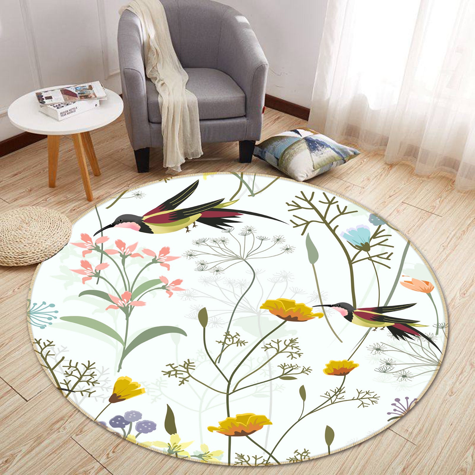 3D Flower Branch Bird 71225 Round Non Slip Rug Mat