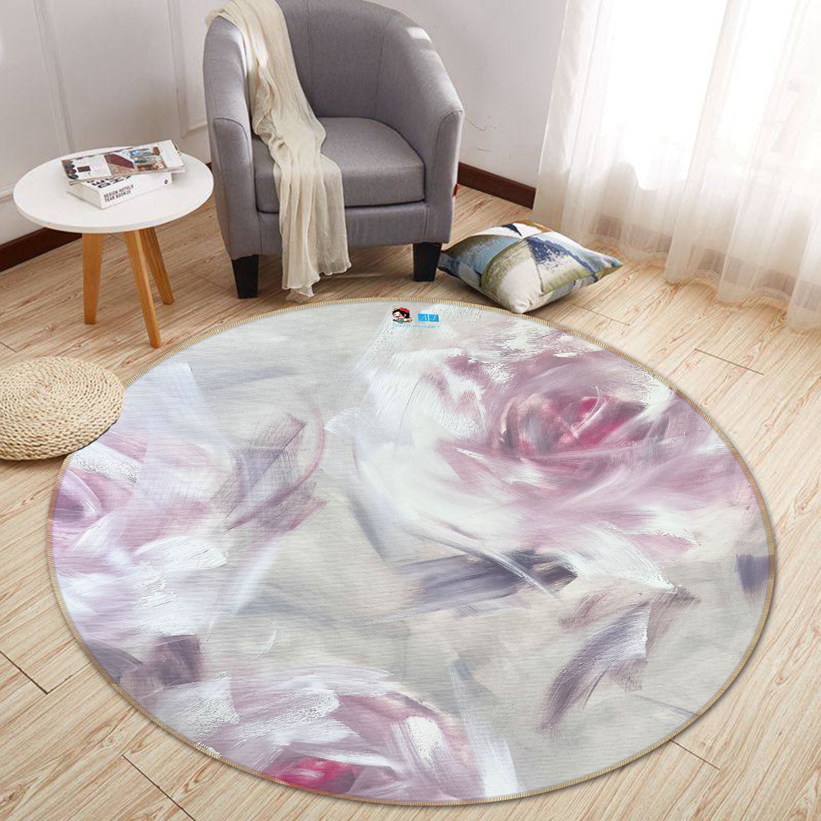 3D Gentle Pink Flower 4043 Skromova Marina Rug Round Non Slip Rug Mat