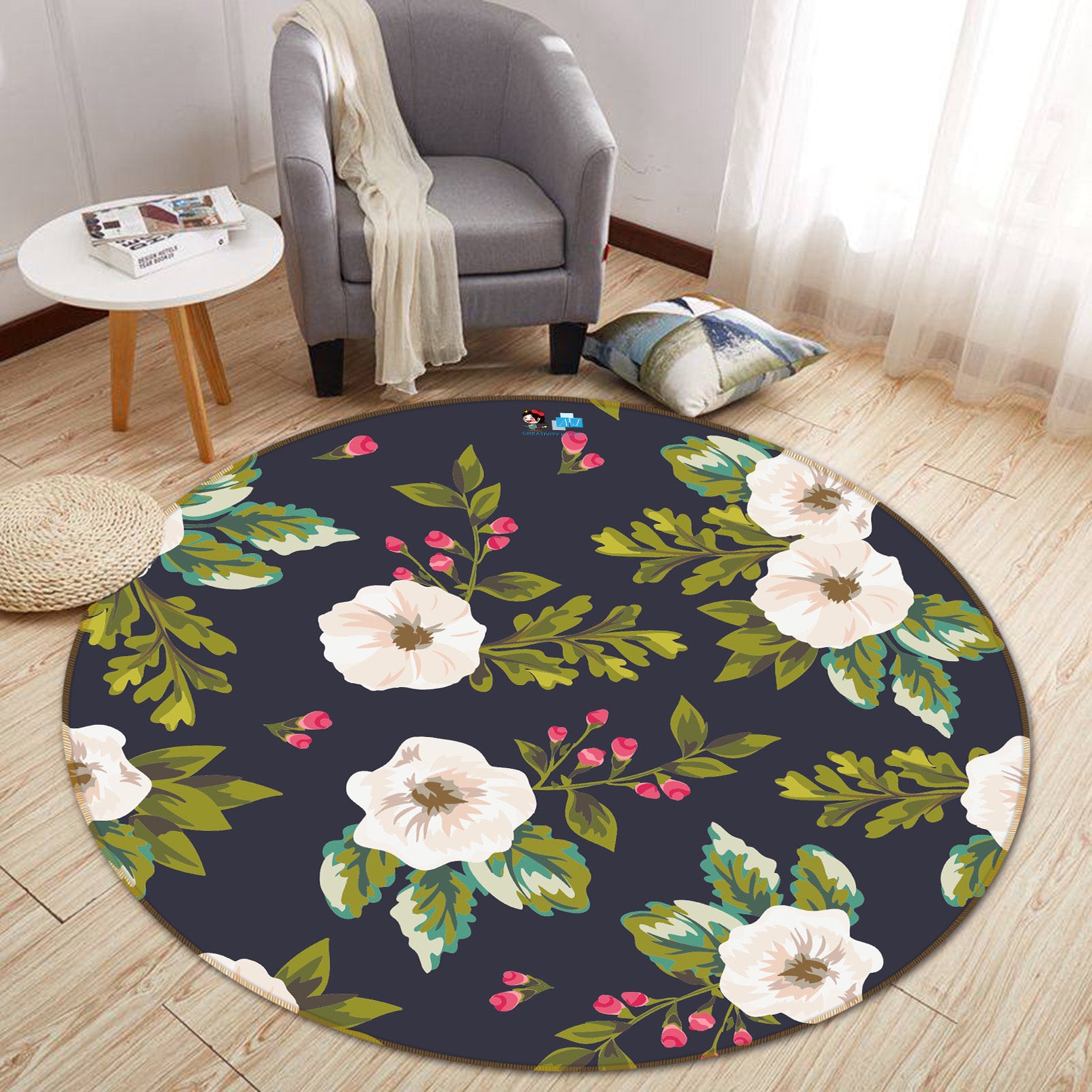 3D White Flowers 64060 Round Non Slip Rug Mat