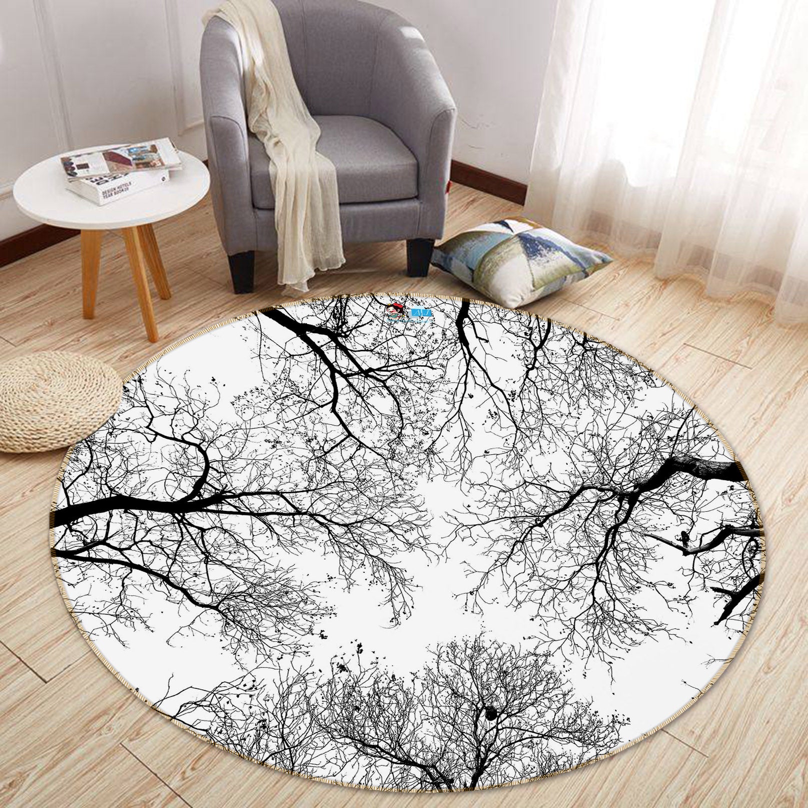 3D Black White Branches 74079 Round Non Slip Rug Mat