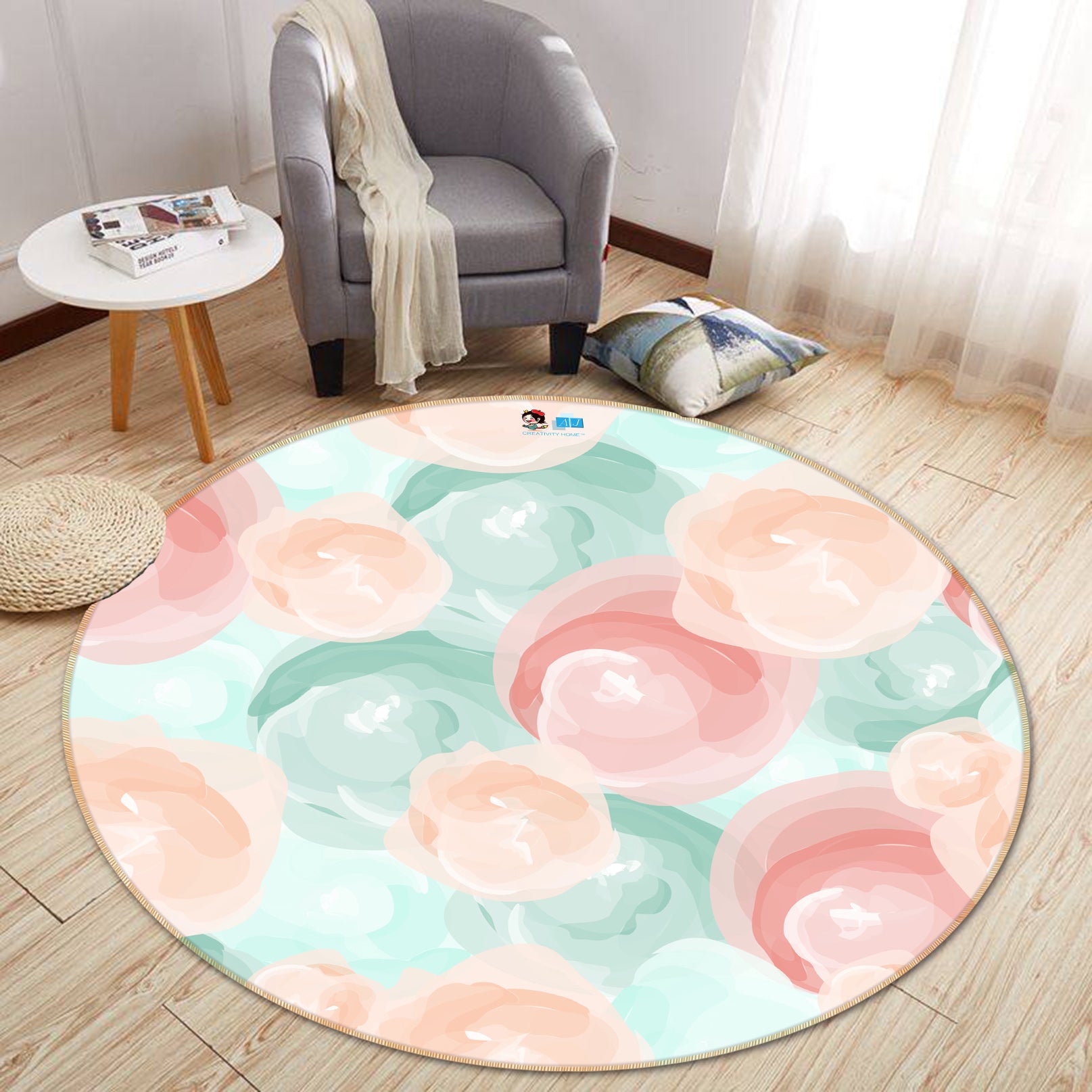 3D Pink Light Blue Ball 64175 Round Non Slip Rug Mat