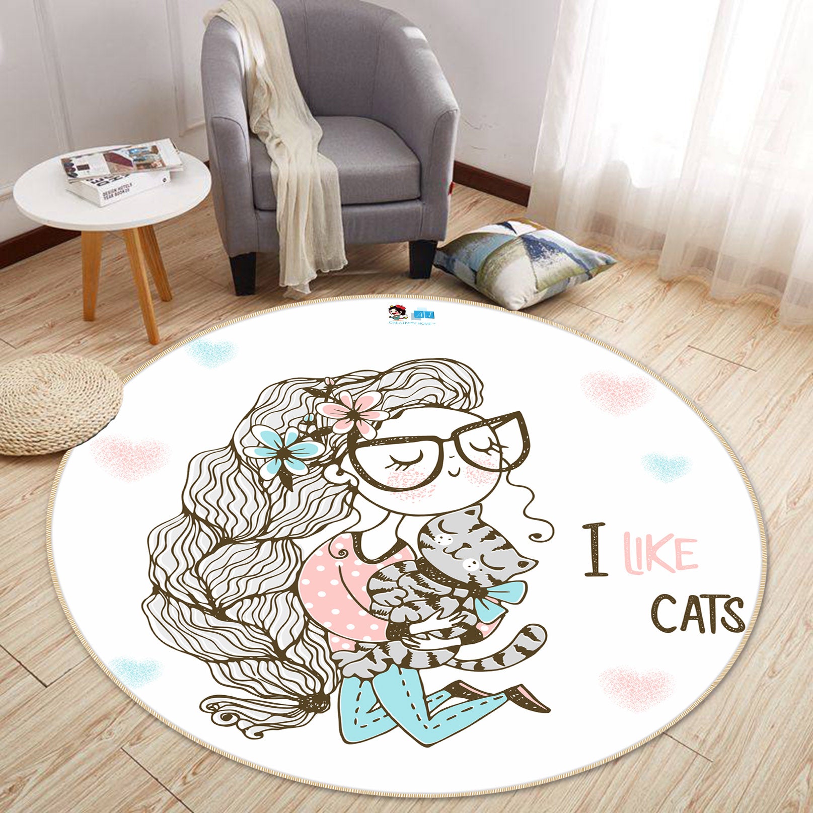 3D Girl With Long Hair 74287 Round Non Slip Rug Mat