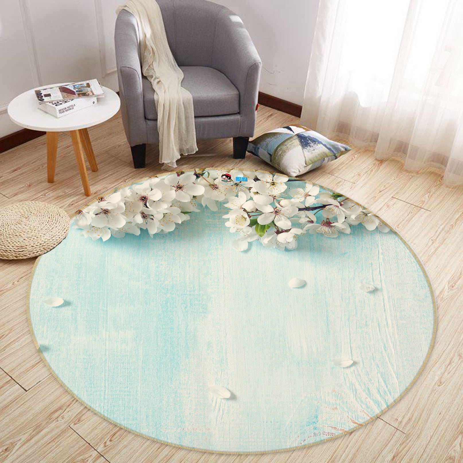 3D White Flowers 80221 Round Non Slip Rug Mat