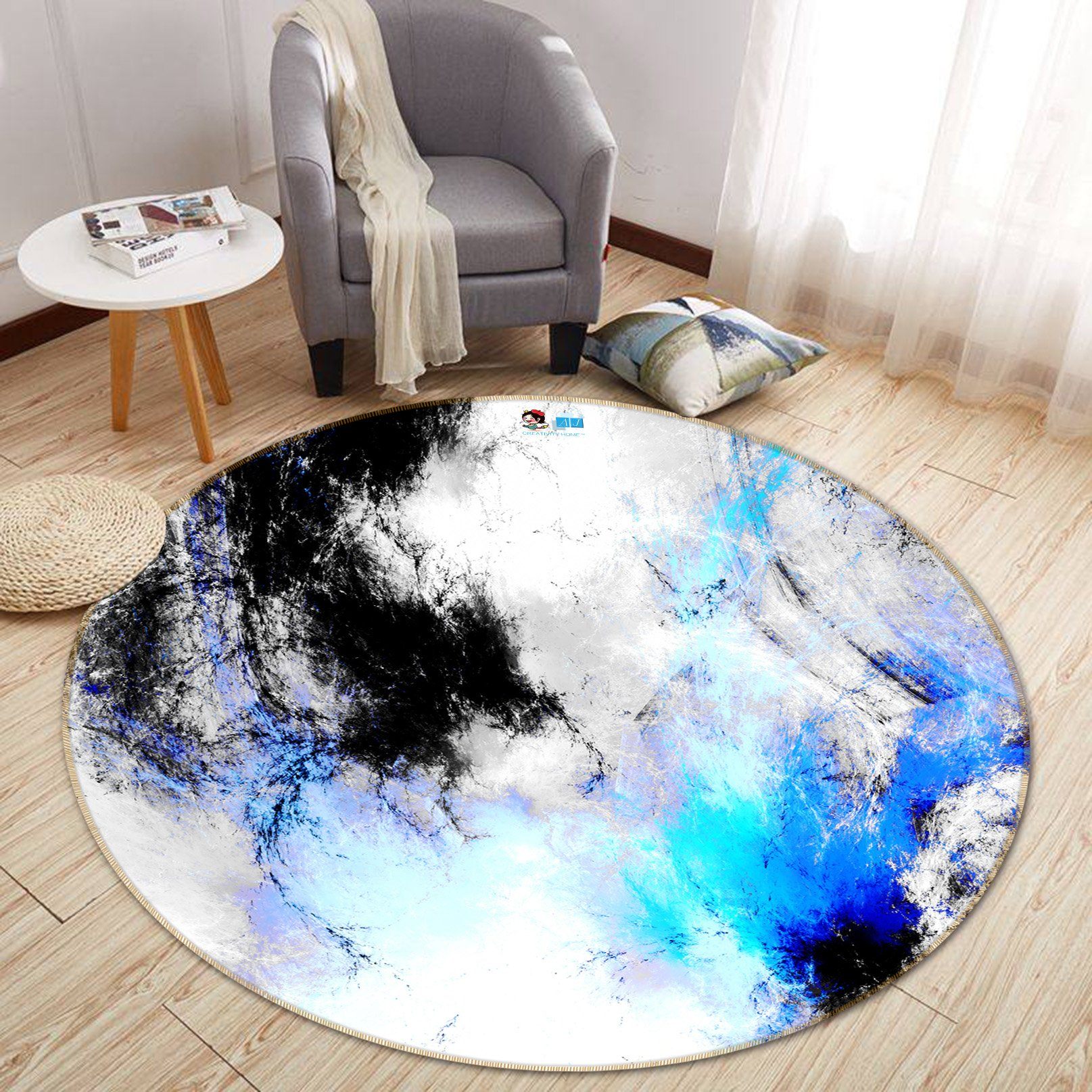 3D Black And Blue Pattern 36 Round Non Slip Rug Mat Mat AJ Creativity Home 