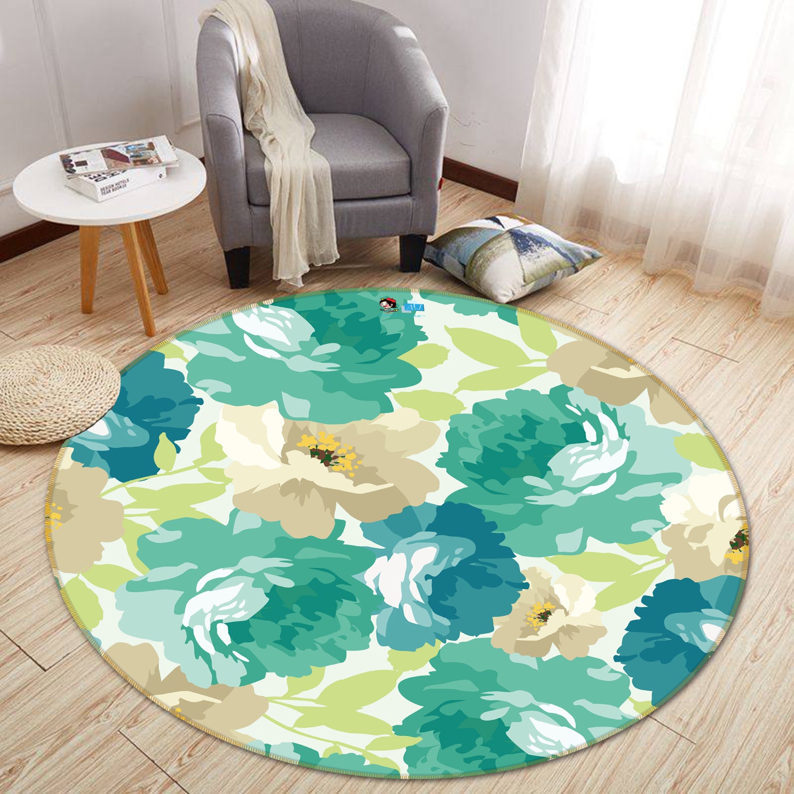 3D Green Flower Pattern 64118 Round Non Slip Rug Mat