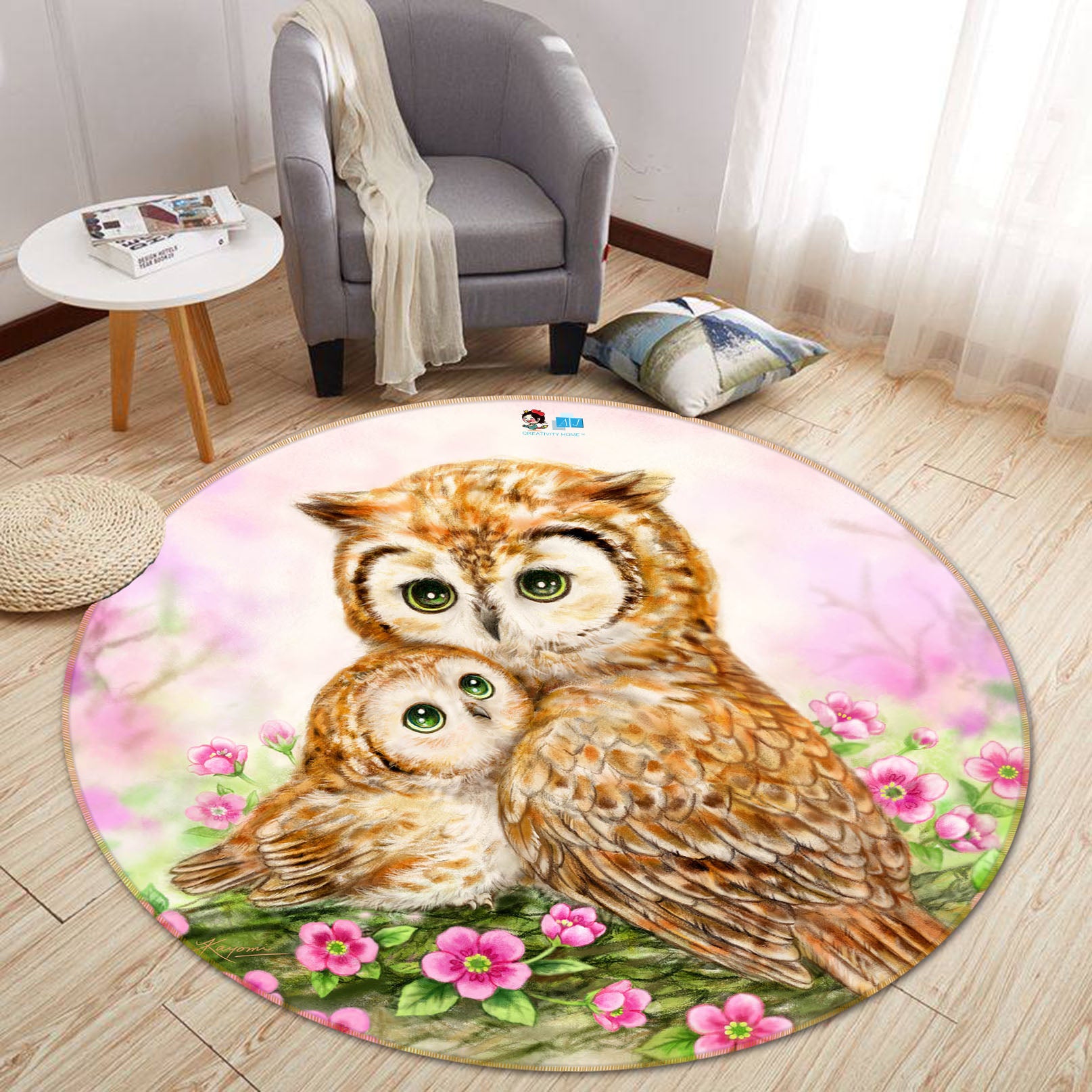 3D Cartoon Owl 6047 Kayomi Harai Rug Round Non Slip Rug Mat