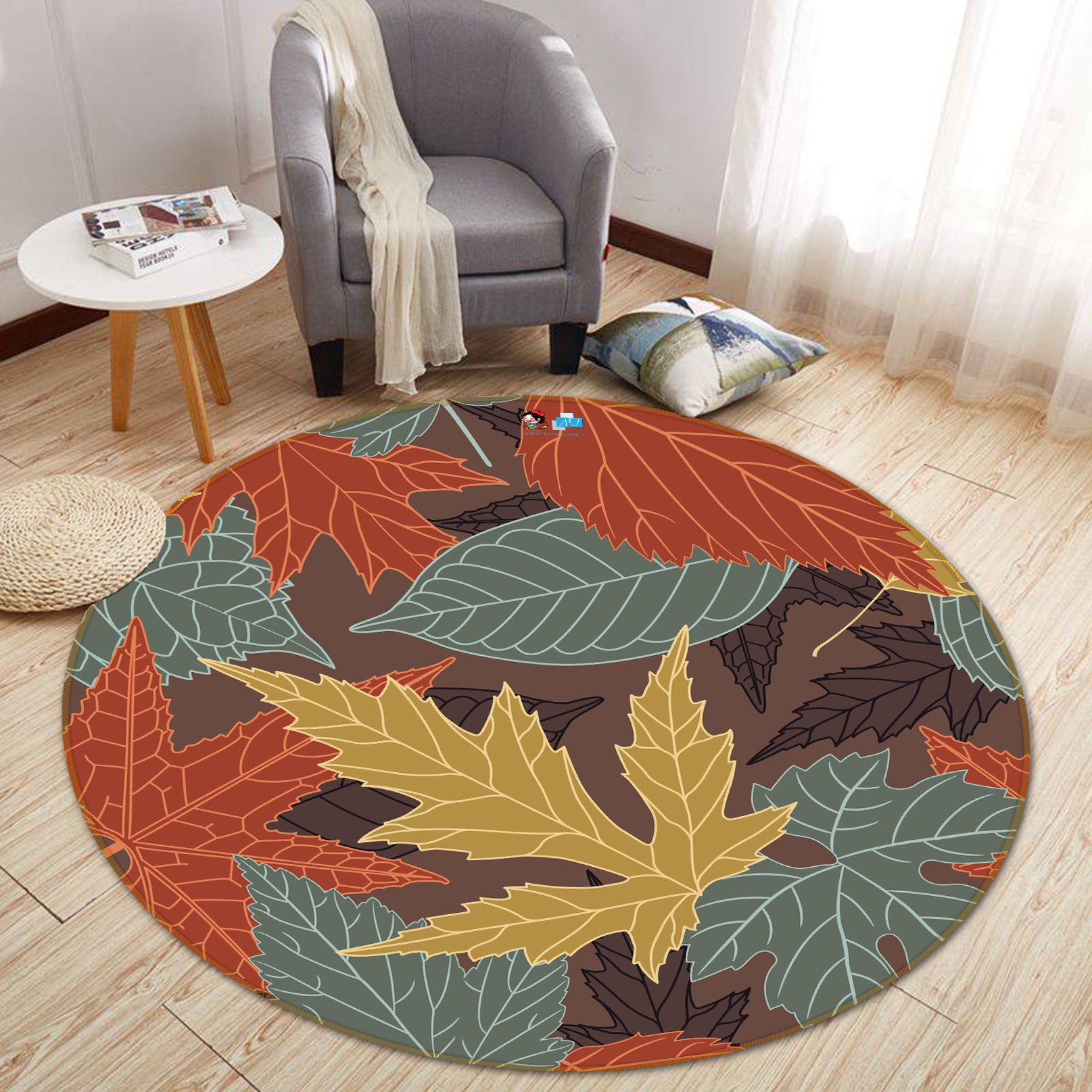 3D Color Maple Leaf 64124 Round Non Slip Rug Mat