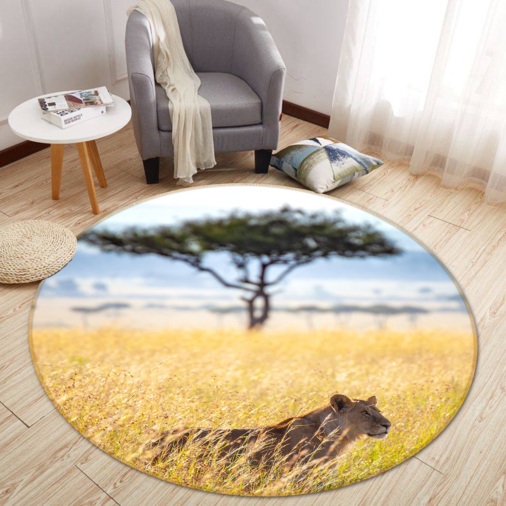 3D Bush Lion 82267 Animal Round Non Slip Rug Mat